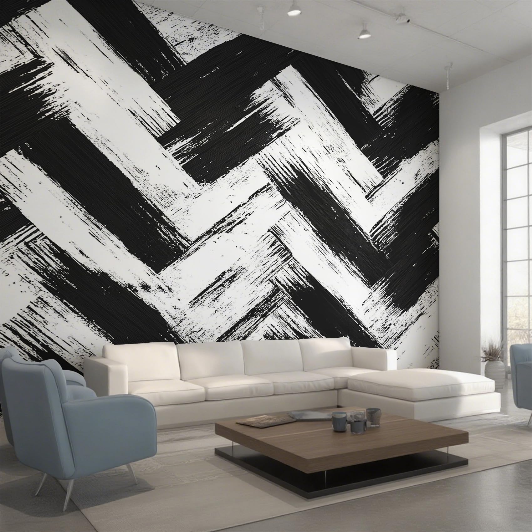 Non-Woven Black White Zig Zag Wallpaper - Modern Geometric Chevron Wall Mural for Bedroom, Living Room Background Decoration, Home Decor Photo Wall Paper 150x105 cm (WxH)
