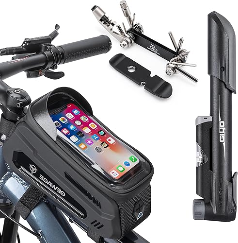 GEWAGE Bolsa de montaje para teléfono de bicicleta y bomba de neumáticos de bicicleta, multiherramienta para bicicleta con palanca de neumáticos,