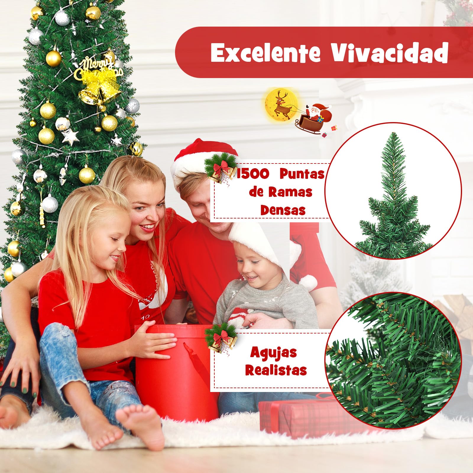 GYMAX Árbol de Navidad Slim 150/180/210/240/270 cm, Estrecho y Alto, con 220/400/700/1000/1500 Ramas de PVC ignífugo, Árbol Artificial con Soporte de Metal, para el Hogar, Tienda, Oficina (270cm)