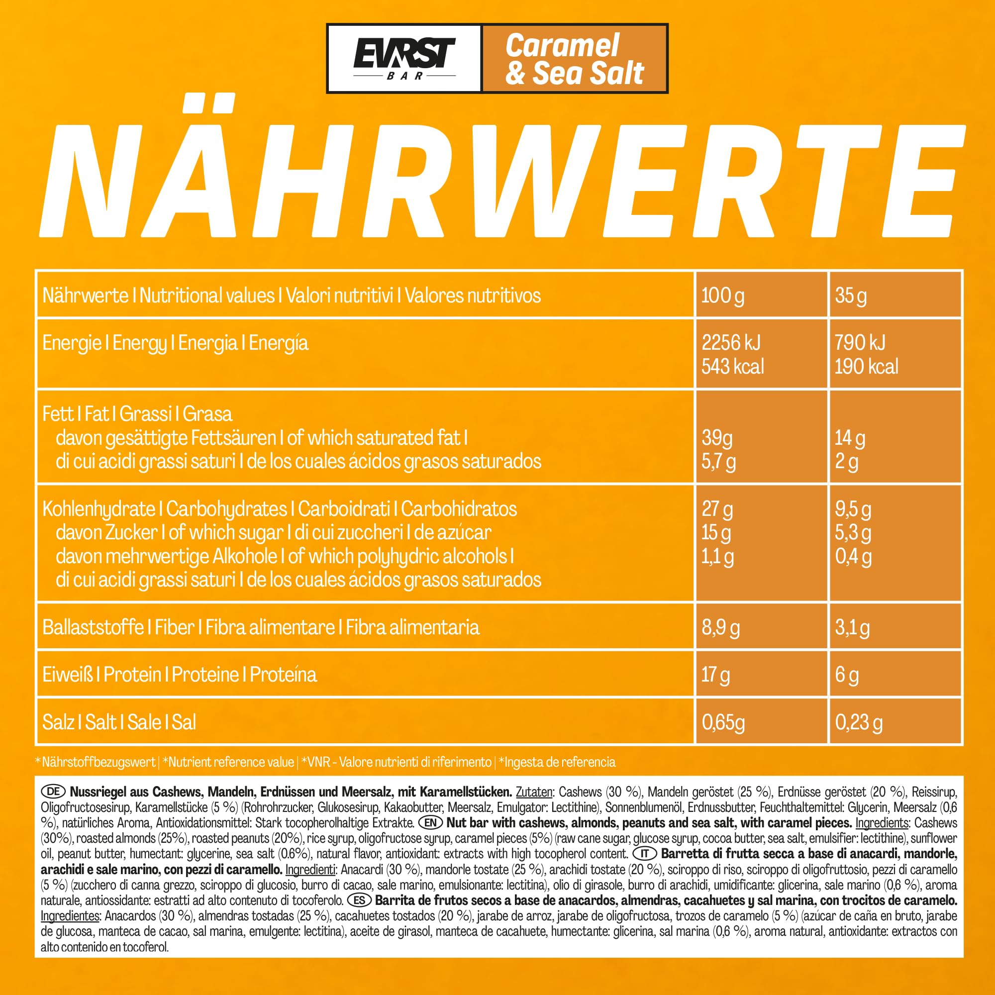 EVRST Nut Bar Caramel & Sea Salt | Nussriegel | 17% Protein | (15 Riegel x35g) | Vegan | Ballaststoffreich