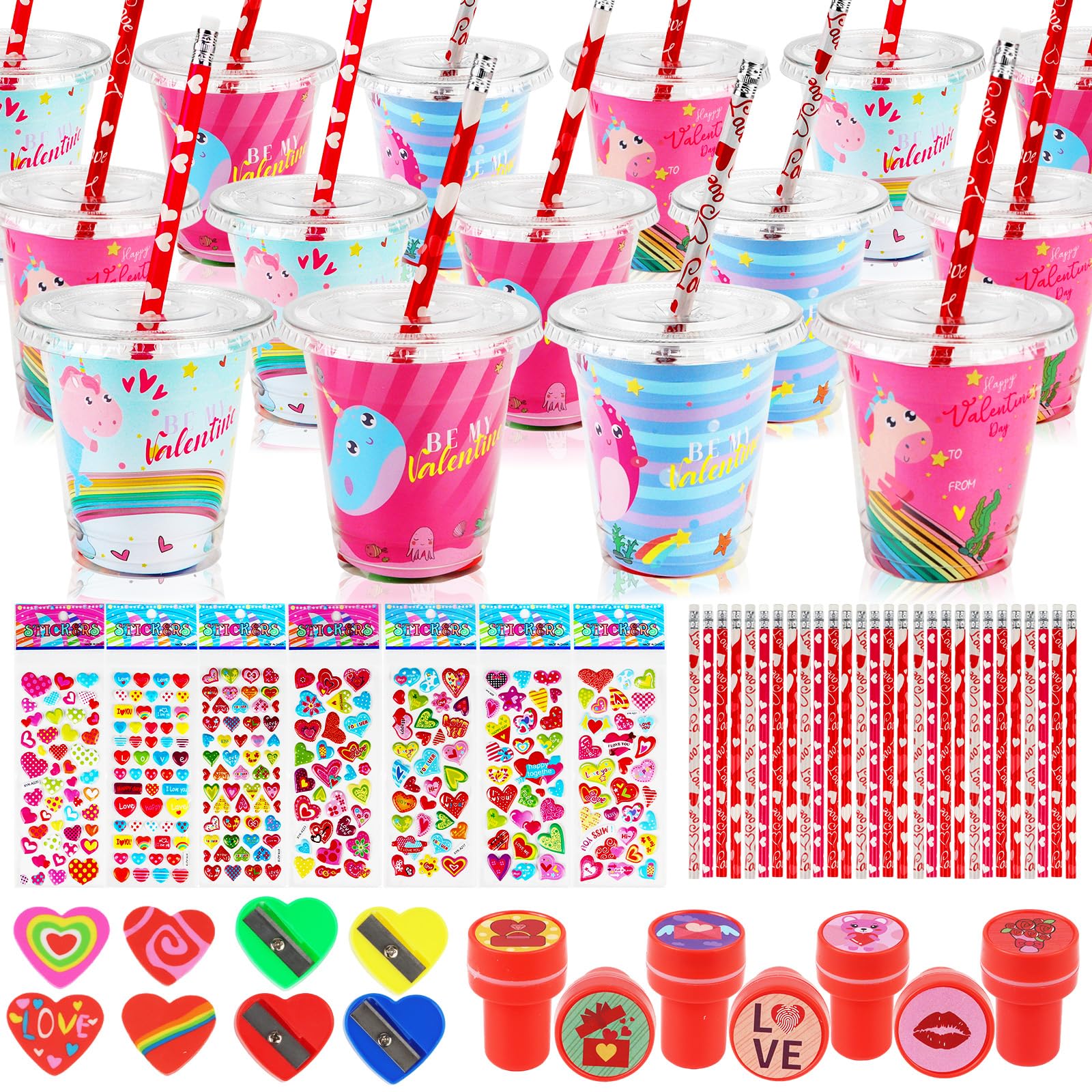 Advoxa Valentines Day Gifts for Kids - 28 Packs Valentines Stationery with Cards and Cups, Valentines Gift Exchange Classroom Prize Rewards Party Favors Toys
