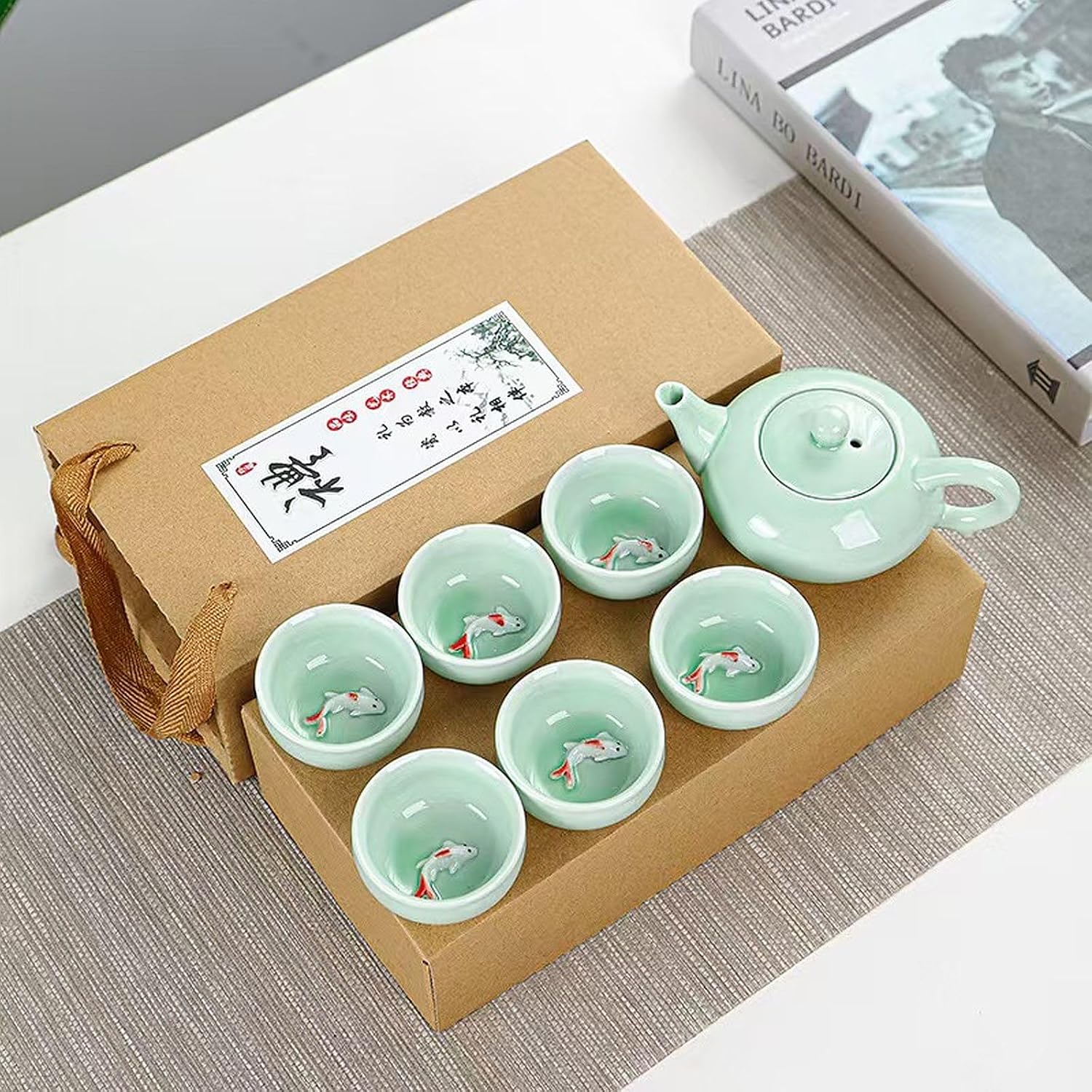 Kung Fu Tea Set, Exquisite Gifts Box Set, Koi Fish Celadon Style, Perfect for Father's Day, Mother's Day, Birthdays, Christmas