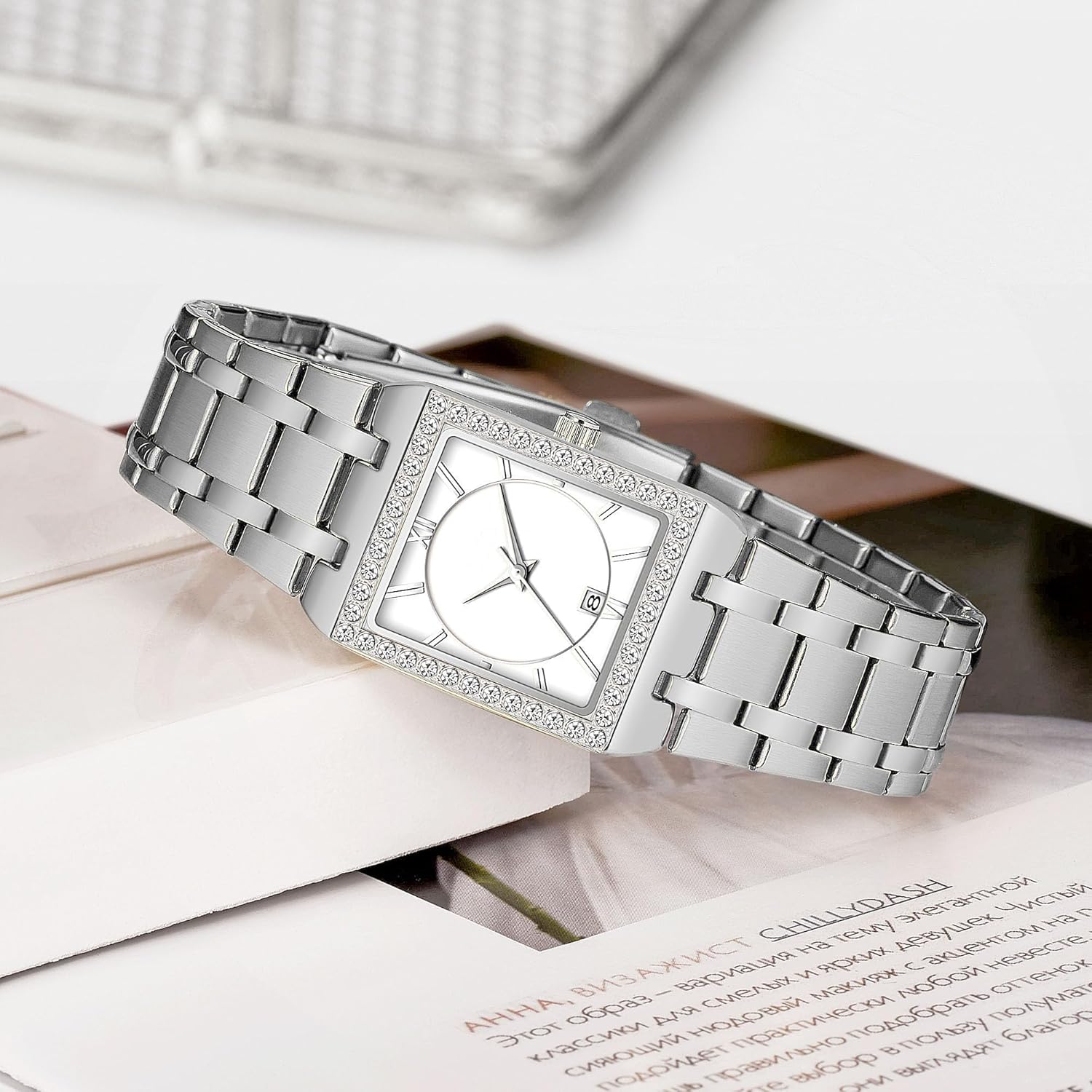 Women's Luxury Stainless Steel Bracelet Watches Ladies Diamonds Bezel Square Waterproof Calendar Analog Quartz Wrist Watch - Image 4