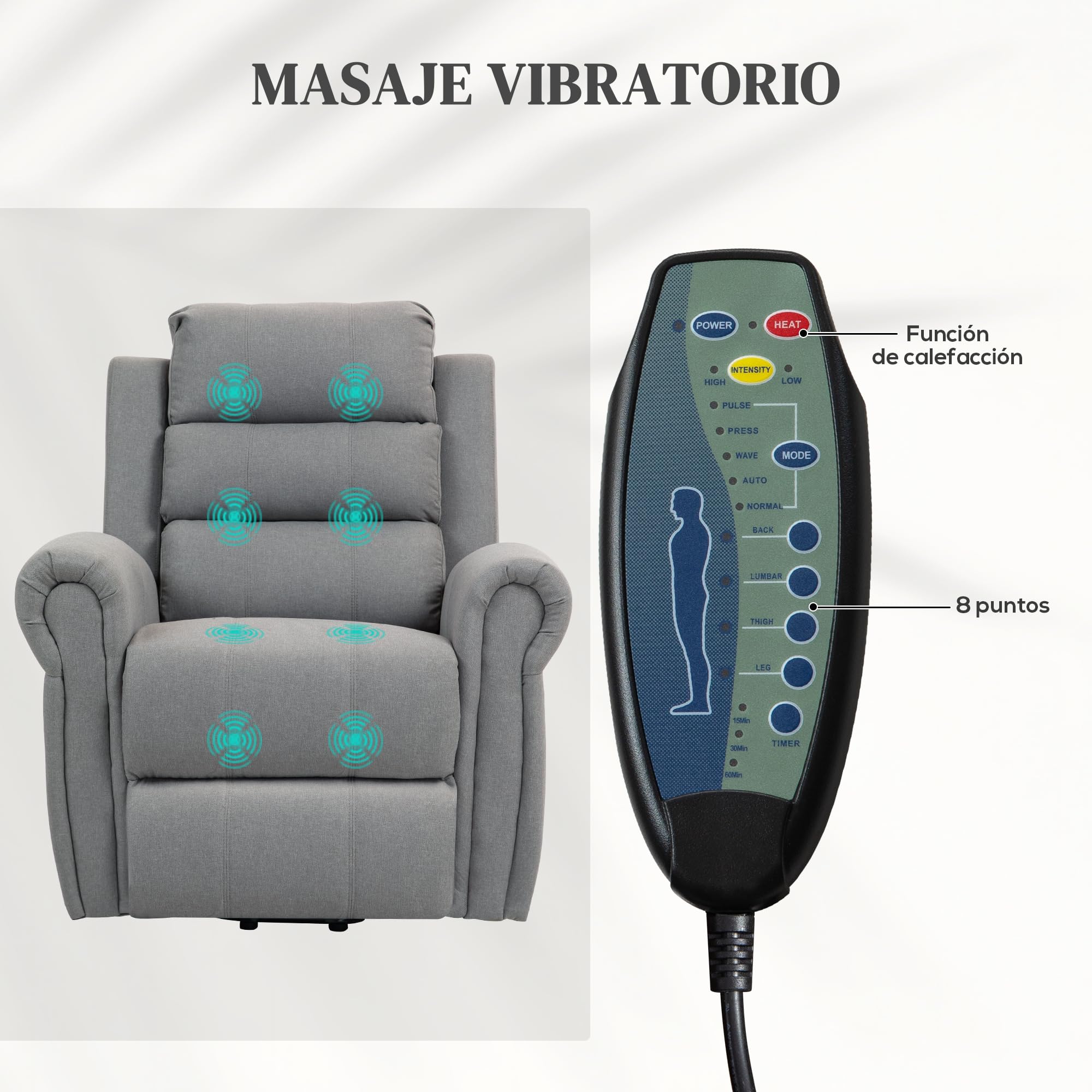 HOMCOM Sillón Relax Reclinable Eléctrico Levanta Personas, con Masaje Vibratorio y Calor, Sillón Elevador, con Control Remoto, Reposapiés, Tapizado en Lino, Bolsillos Laterales, Gris