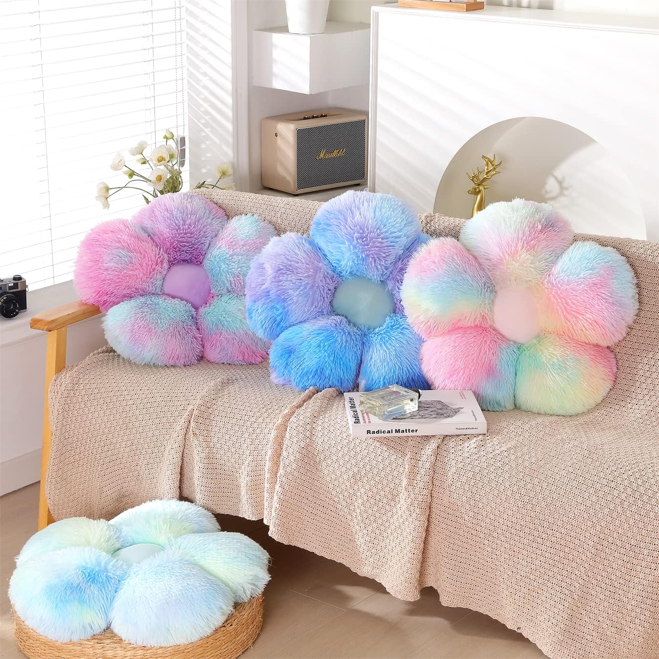 Faux Fur Pillow,Flower Shaped Throw Pillow Butt Cushion Flower Floor Pillow,Seating Cushion,Cute Room Decor & Plush Pillow for Bedroom Sofa Chair (19.7 Inches, Rainbow Pink)