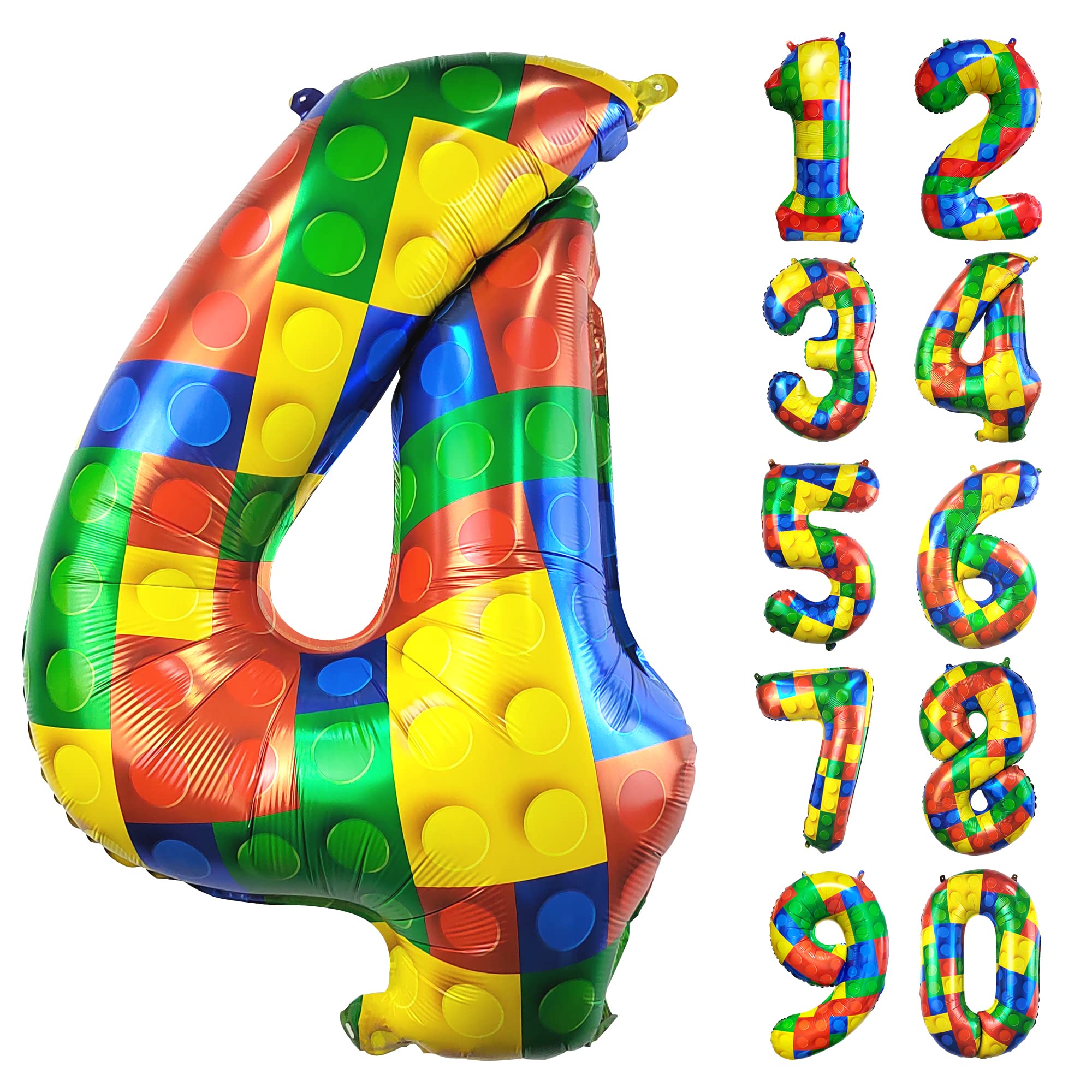 32 Inch Building Block Number 4 Balloons 4 year old Large Big Helium Foil Mylar Balloon for Girls Boys 4th Birthday Party Decoration Supplies