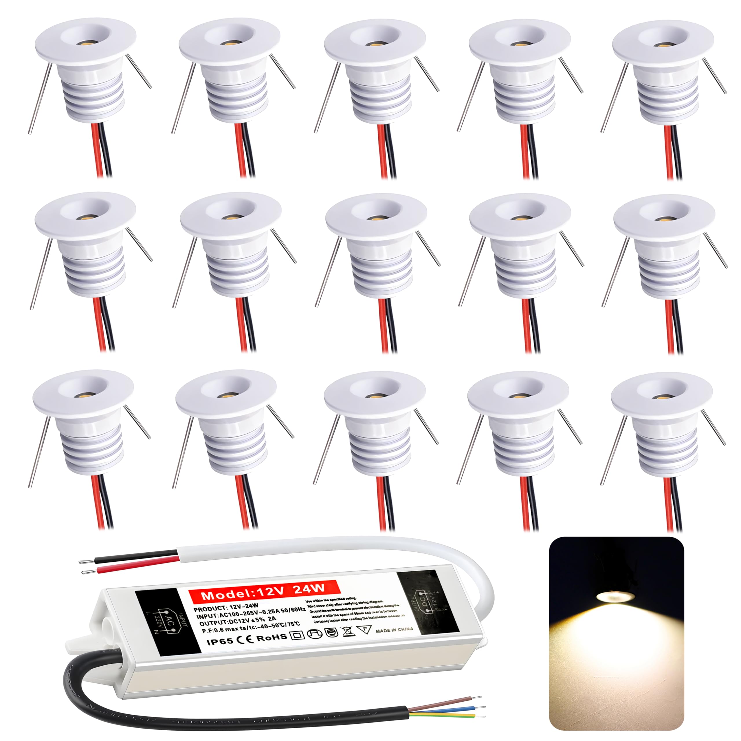 Einbaustrahler LED 1W, mini led Spot,led einbaustrahler 12V Lochmaß 15-18mm,Deckenspots IP65 Einbauspots Warmweiß,Led spot für Carport Badezimmer Küche,mit 230V Trafo,15er set (Weiß,Warmweiß 3000k)