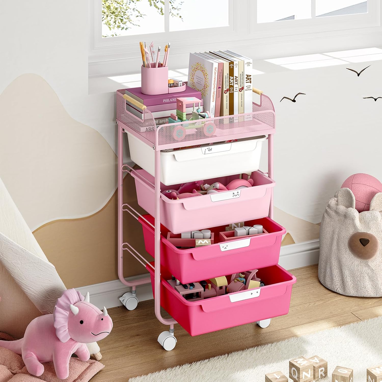 Rolling Cart with 4 Drawers,4 Tiers Rolling Utility Cart Craft Cart,Rolling Storage Drawer Cart with Mesh Top,Storage Cart with Drawers & 4 PCS DIY Lable, Rose Pink