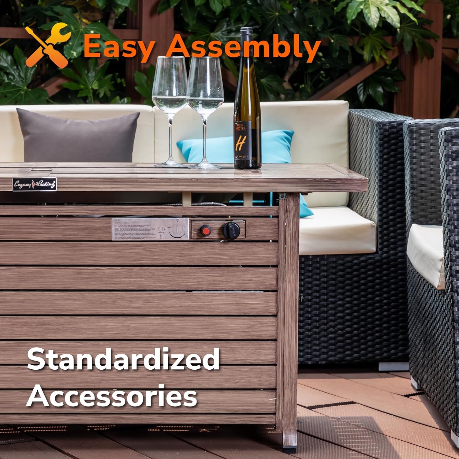 Hexago 57" 50,000 BTU Propane Fire Pit Table with Glass Wind Guard, Table Lid & Protective Cover, Nature Wood Coating, Outdoor Gas Firepit for Patio, Deck, Garden