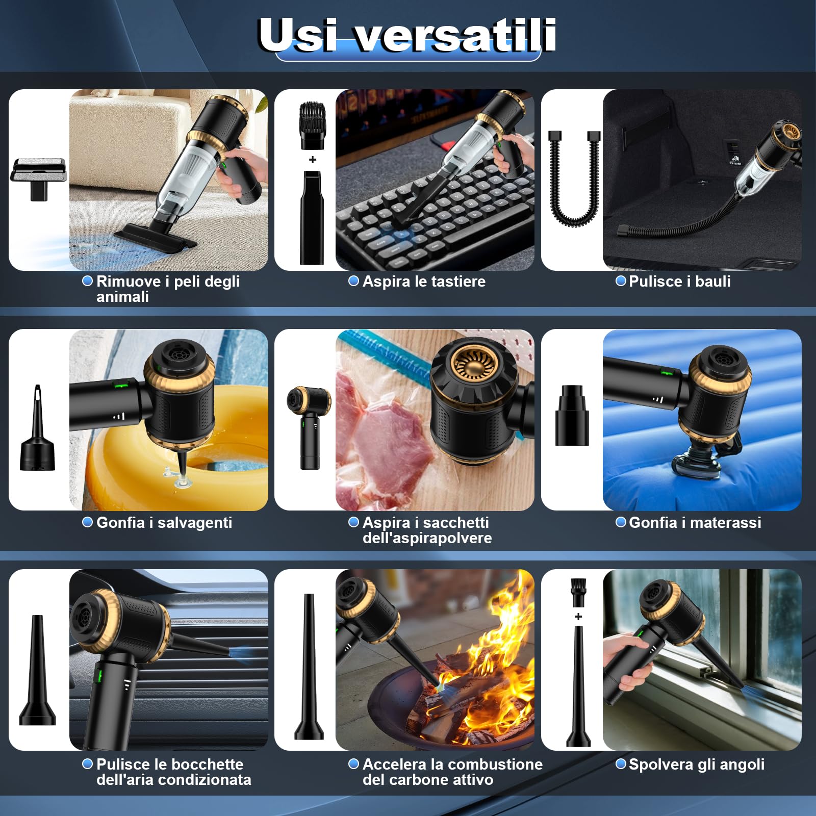 Aspirapolvere a mano 4 in 1, 25000 PA per auto forte, aspirapolvere a 3 marce, senza fili, con motore senza spazzole, 220000 giri/min, aspirapolvere per auto, divano, PC, ufficio e pulizia dei