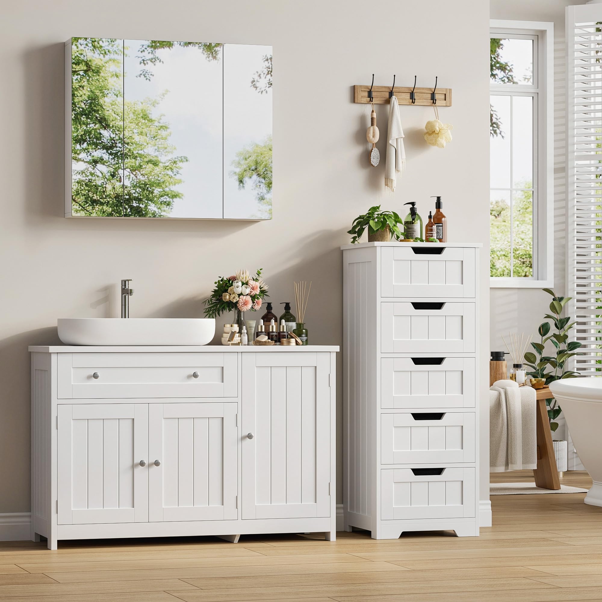FOREHILL Waschbeckenunterschrank 90cm breit Badezimmer Unterschrank Weiß | Badezimmerschrank mit 3 Türen, 1 Schublade und verstellbarem Regal, 90x30x61,5cm