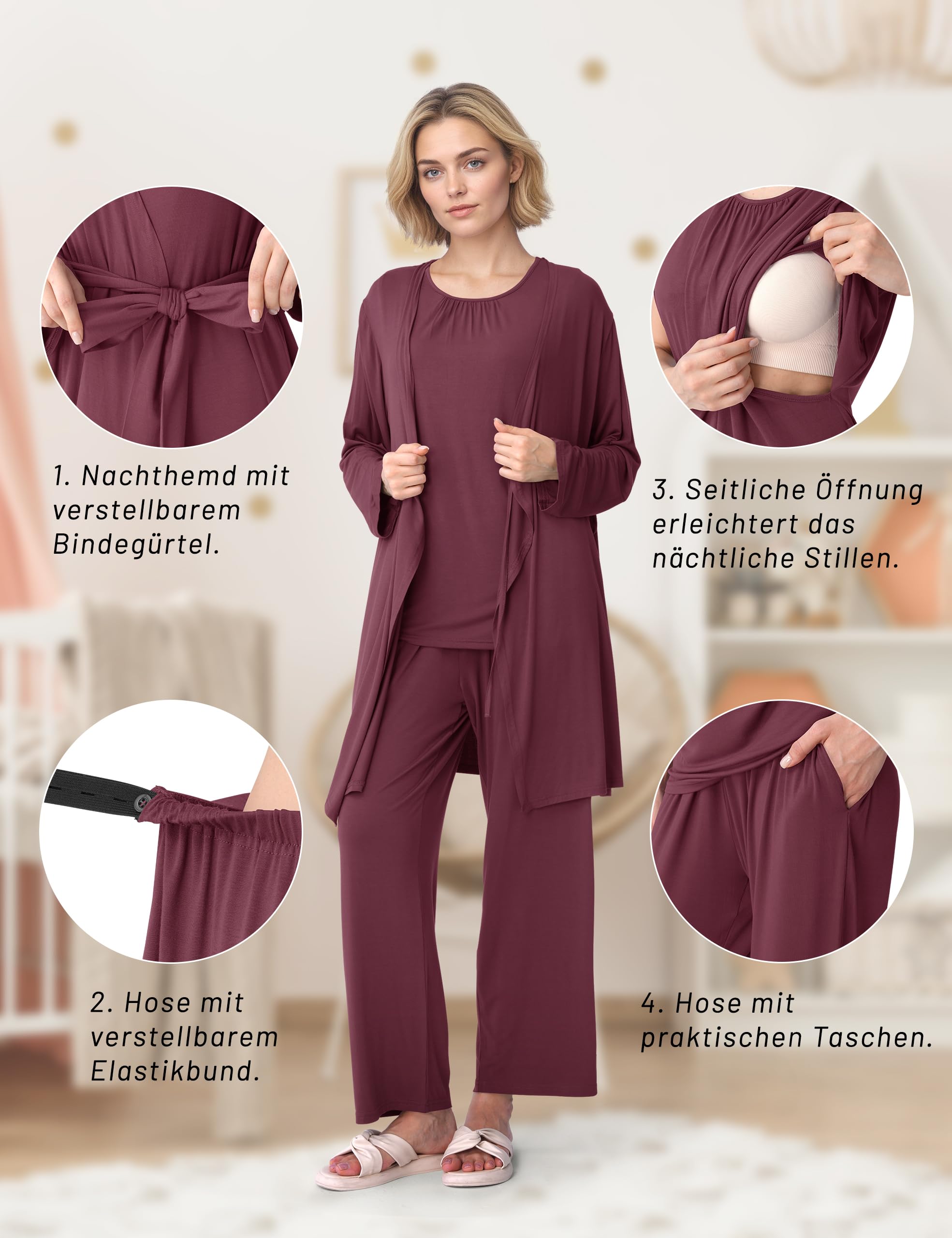 SUNNYBUY Stillpyjama Set Damen 3-teilig Umstands- und Still-Schlafanzug mit Top, Hose und Morgenmantel ideal für Schwangerschaft, Wochenbett und Klinik
