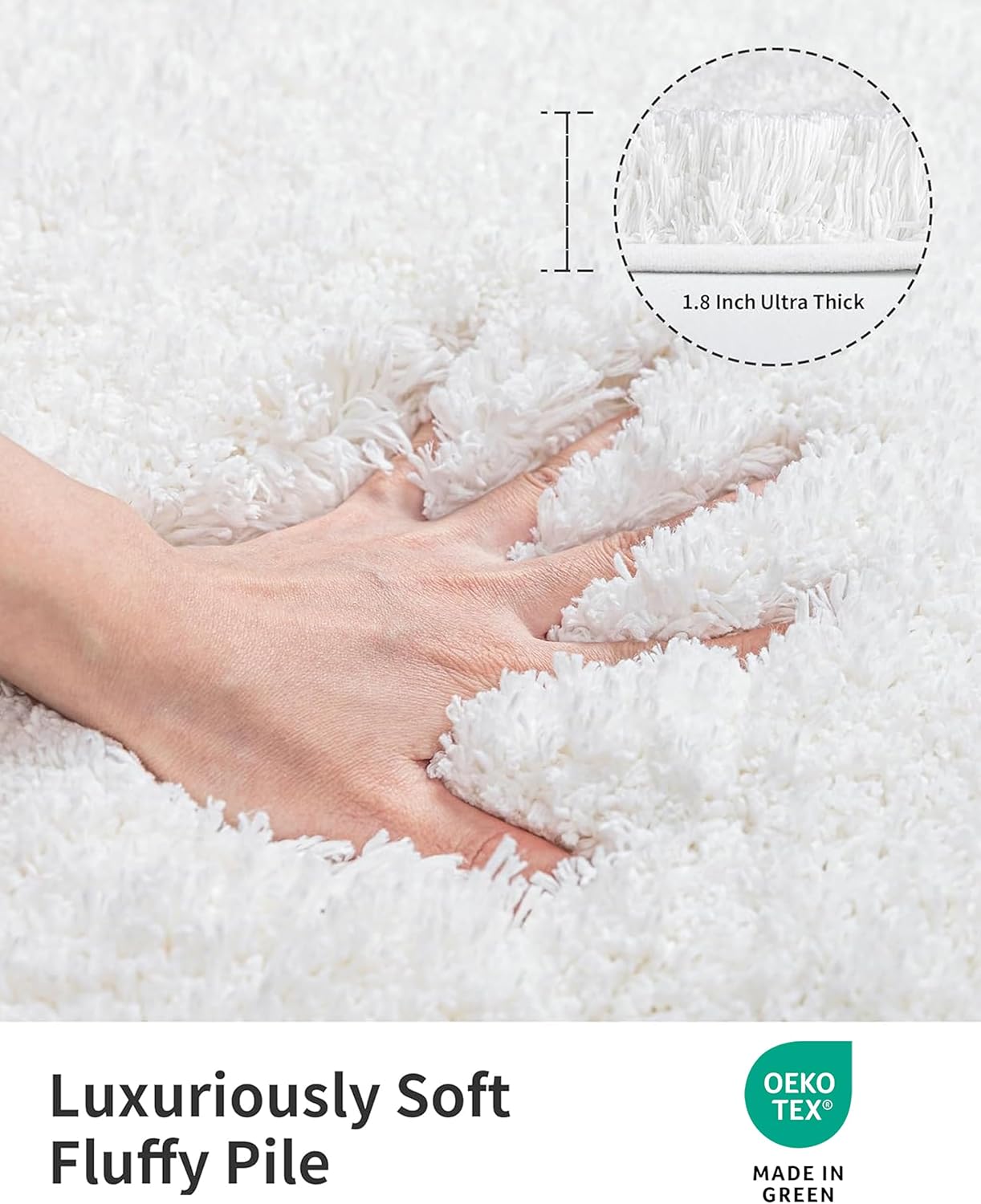 ILANGO White Bathroom Rugs 32" × 20" Non Slip & Super Absorbent Extra Thick Soft, Washable Bath Mat for Floor, Microfiber Plush Shaggy Bath Rug with Rubber for Bathtub Shower Room Sink
