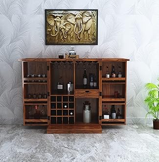 Ganpati Arts Sheesham Wood Bar Cabinet for Home Mini Bar Cabinet Solid Wooden Wine Storage Shelf Rack with Drawer & Glass Holder - (Honey Finish) 1 Year Warranty