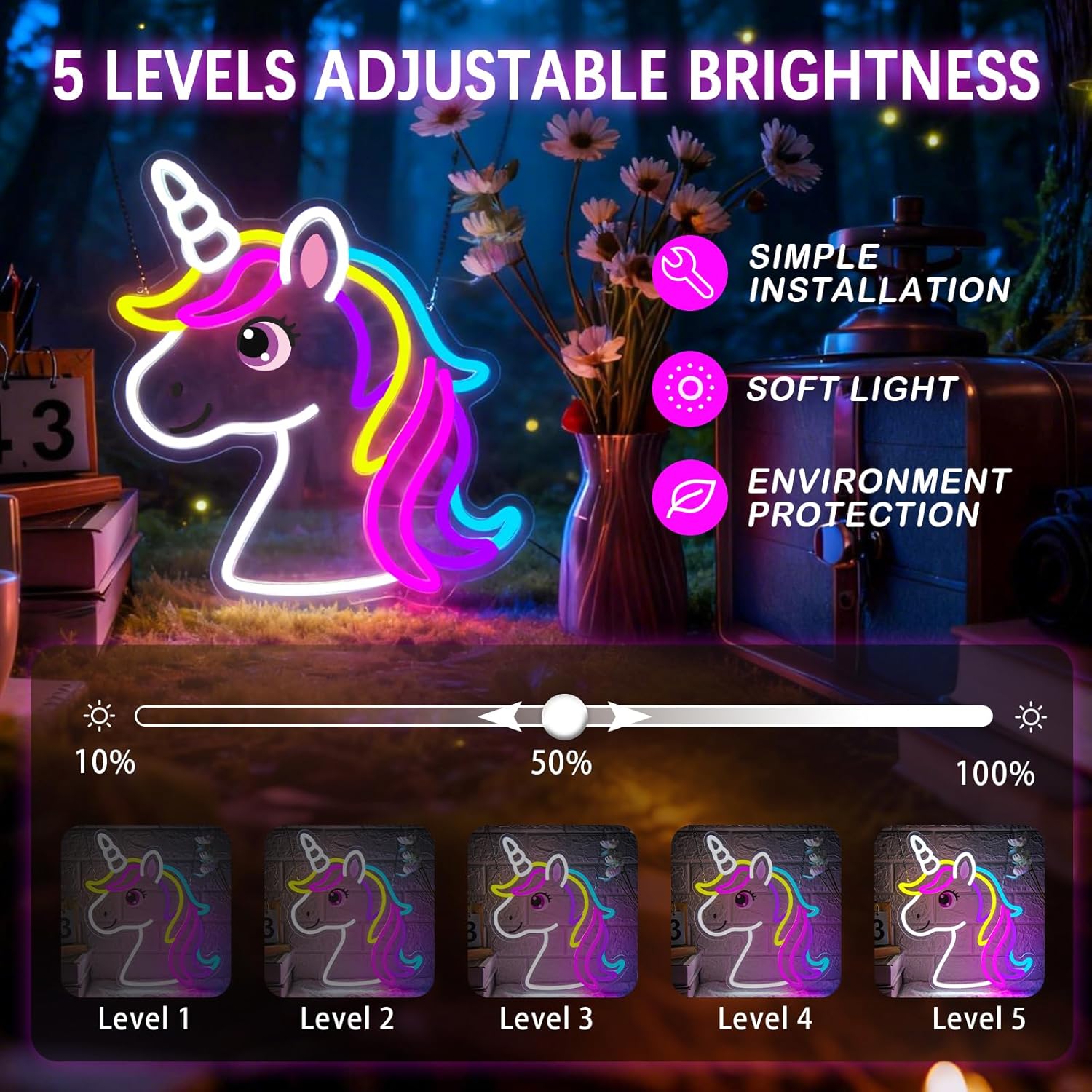 Unicorn Neon Sign for Girls Bedroom Decor – Large 13” LED Unicorn Light with 5-Level Dimming, Soft Pastel Glow for Kids Room, Cute Unicorn Wall Decor for Playroom, Gifts for Girls, USB Powered Kid-Safe Night Light - Image 2