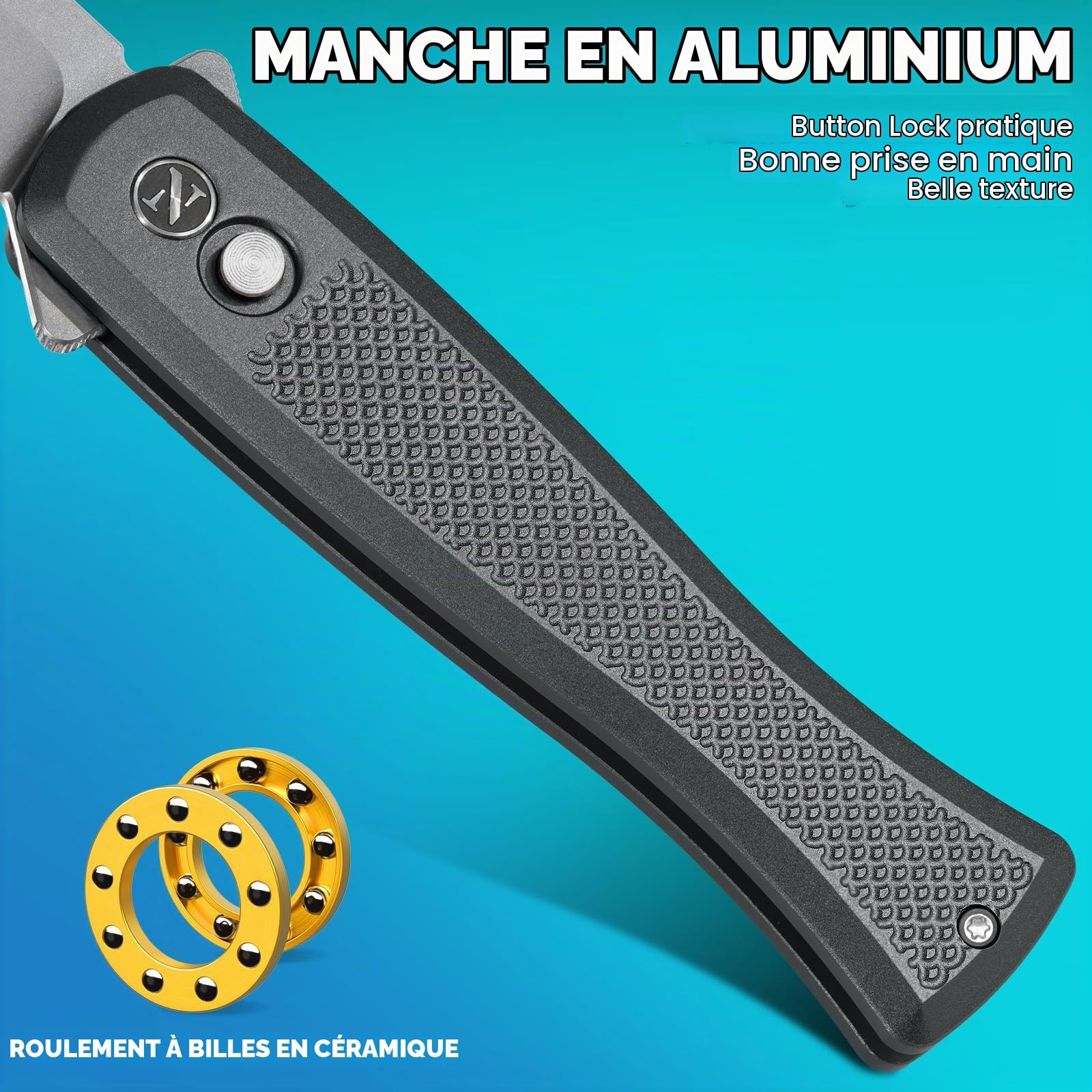 NedFoss MERMAID II couteau pliant, 14C28N acier couteau survie, Longueur lame 7.5 cm, Poignée en aluminium à poids réduit, clip ceinture, button lock, mini couteau de poche