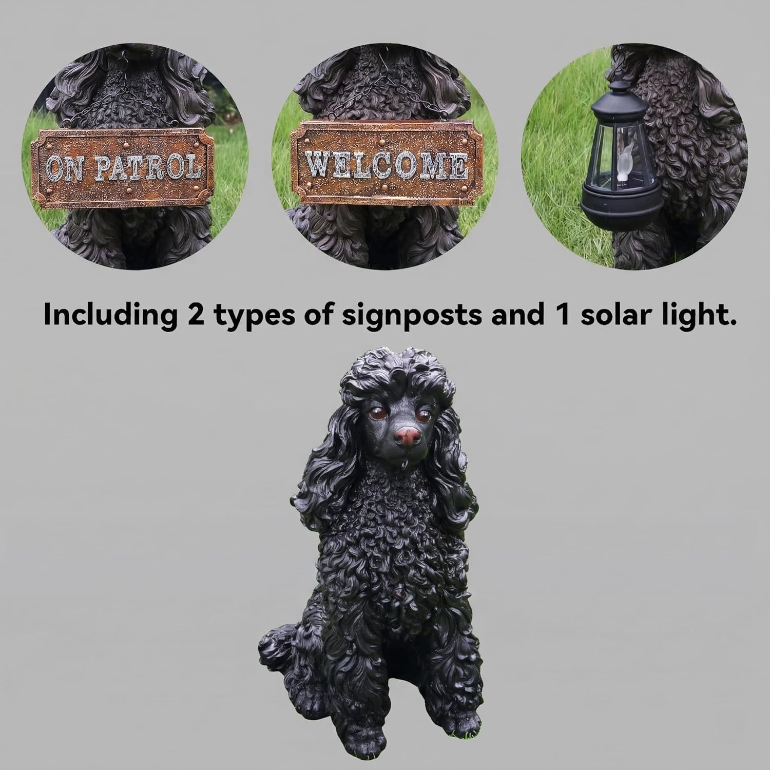 Poodle Garden Statue with Solar Lantern, Realistic Dog Sculpture, Birthday Gift for Women Mom Grandma, Housewarming Gift for New Home, Outdoor Resin Puppy Decor,Black