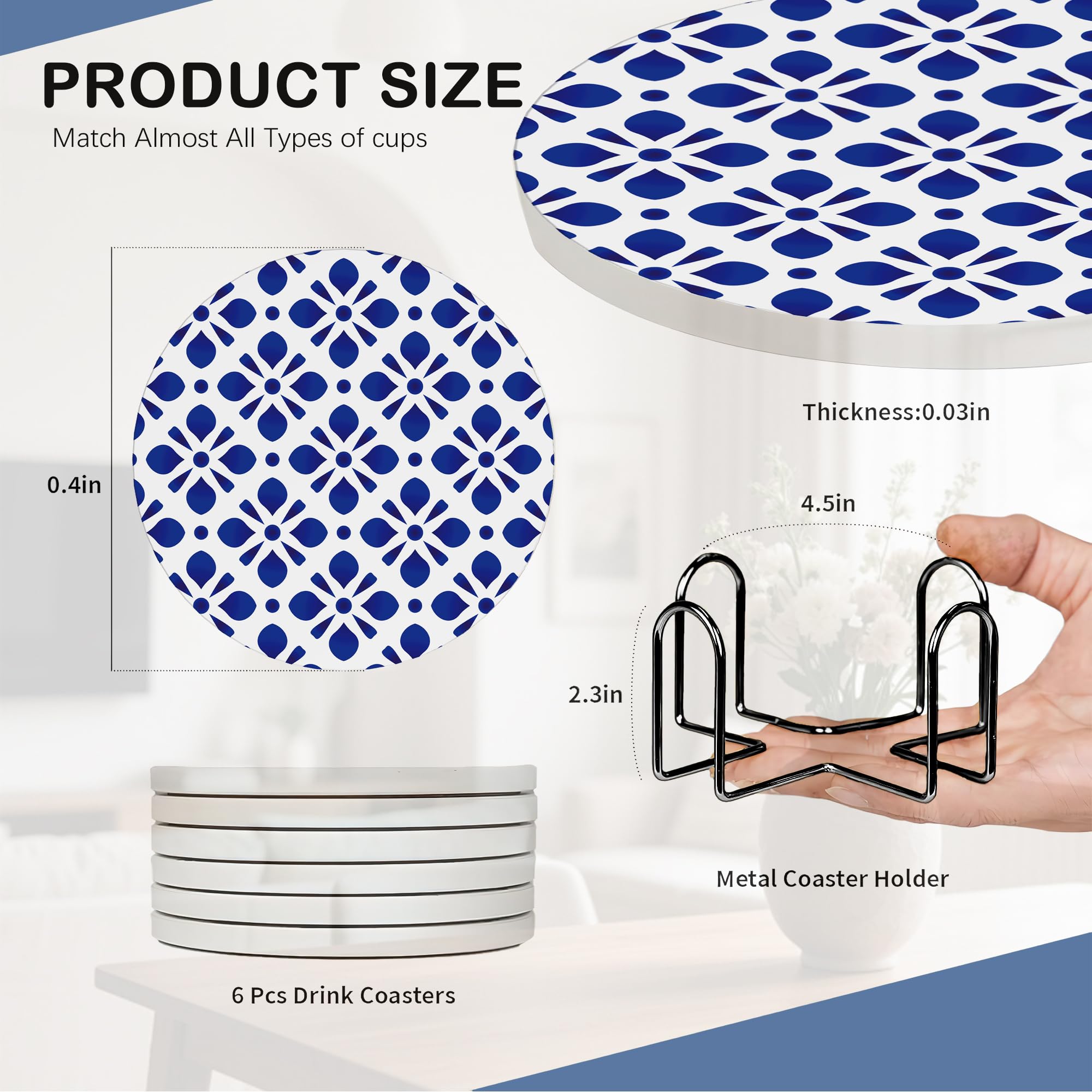 Handpainted Blue Pattern 6Pack Ceramic Drink Coasters,Quick-Absorb Stone Coasters with Anti-Slip Cork Backing & Metal Holder - Image 4