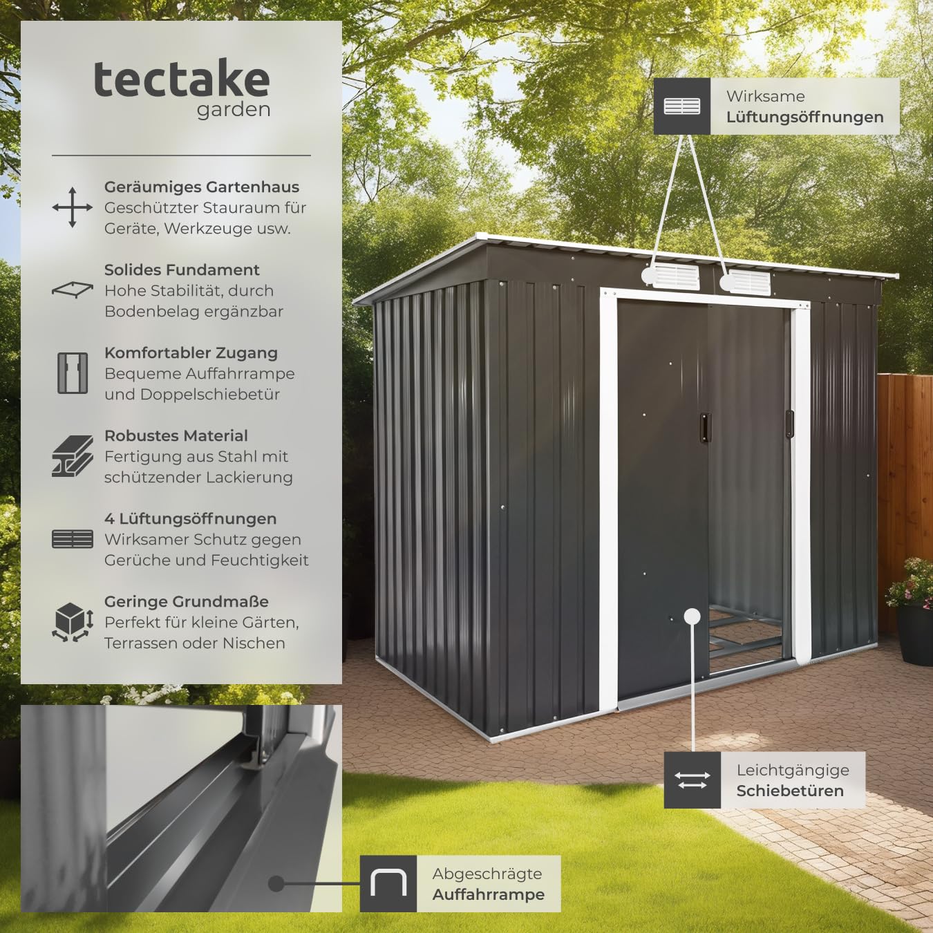 tectake® Metall Gartenhaus mit Schrägdach, Geräteschuppen Garten mit Schiebetür, Gerätehaus mit Metallfundament, als Gartenschuppen, Gartenhütte oder Fahrradgarage, 4 m³ Lagerfläche - grau/weiß
