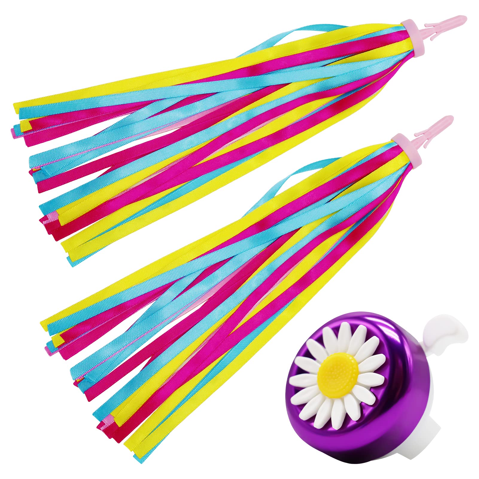 SZXMDKH 1 Pack Kids Bike Bell ＋ 2 Pack Girls Bike Tassels, Rainbow Streamers for Children's Bike