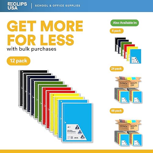 Miniatura 2 de Cuaderno de espiral, cuadernos de rayas universitarias (paquete de 12), 70 hojas, una sola materia, cuadernos a granel, surtido de 6 colores, hojas