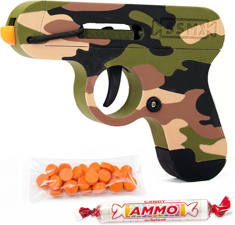 Pistola de juguete que dispara caramelos - El tirador Smartee - Dispara rápido y lejos - Más de 40 pies y más de 70 fps. Revista y diapositivas de trabajo. 5 paquetes de dulces y 20 piezas de munición de plástico. (camuflaje)