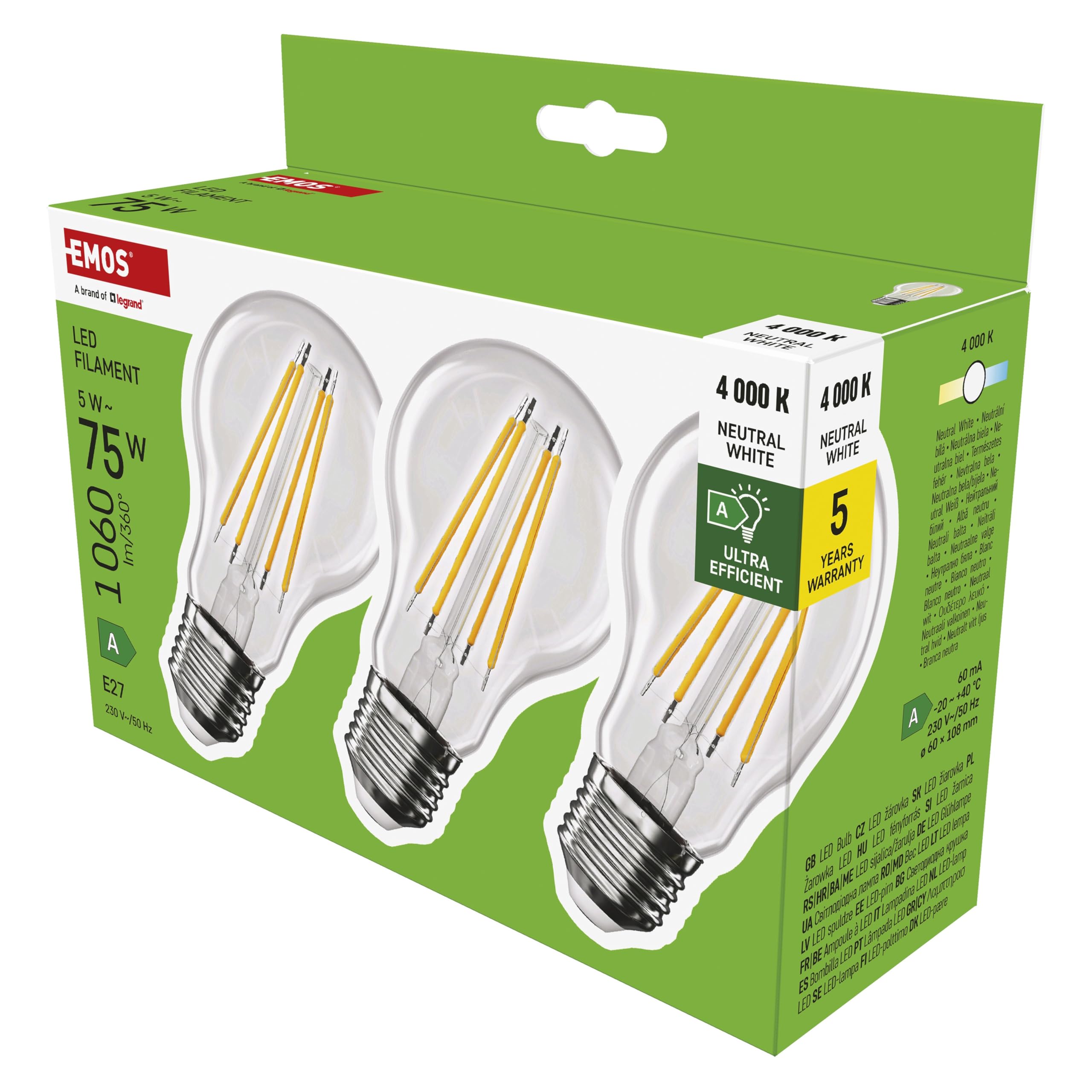 EMOS - LED-Lampe Filament A60 - A Klasse Vintage-Glühbirne - E27 Sockel - neutralweiß - 1060lm - extra-sparsam, 5W (statt 75W Glühbirne) - 50000 Stunden - Winkel 300° CRI min. 80-3er Pack
