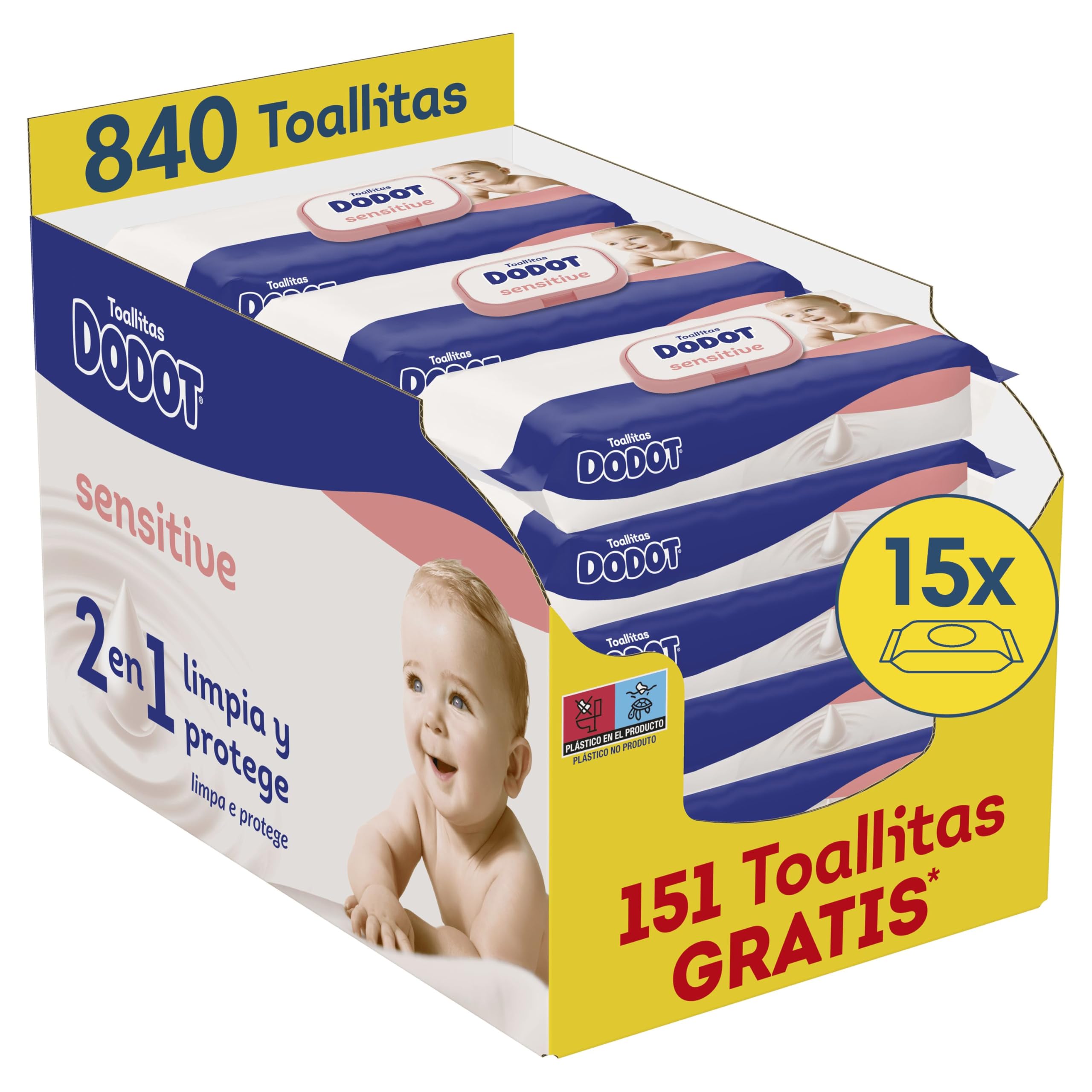 Dodot Toallitas Sensitive para Bebé, 15 Paquetes De 56 Unidades = 840 Toallitas, Óptima Protección para la Piel
