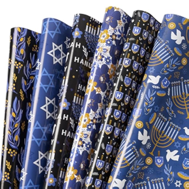 RUSPEPA Hanukkah Wrapping Paper Sheets, Menorah, Star of David, Dreidel and Floral Design, Blue and Gold Gift Wrap Perfect...