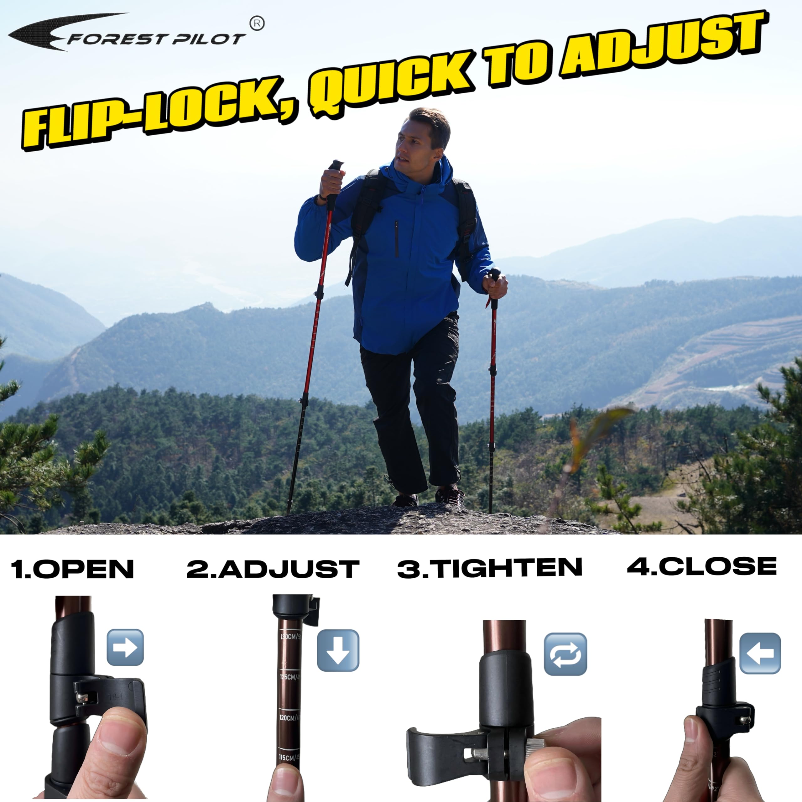 FOREST PILOT Bastones de trekking, aluminio ligero 7075 con cierre abatible y accesorios todo terreno, par de 2 bastones para senderismo con agarre de madera de haya o EVA