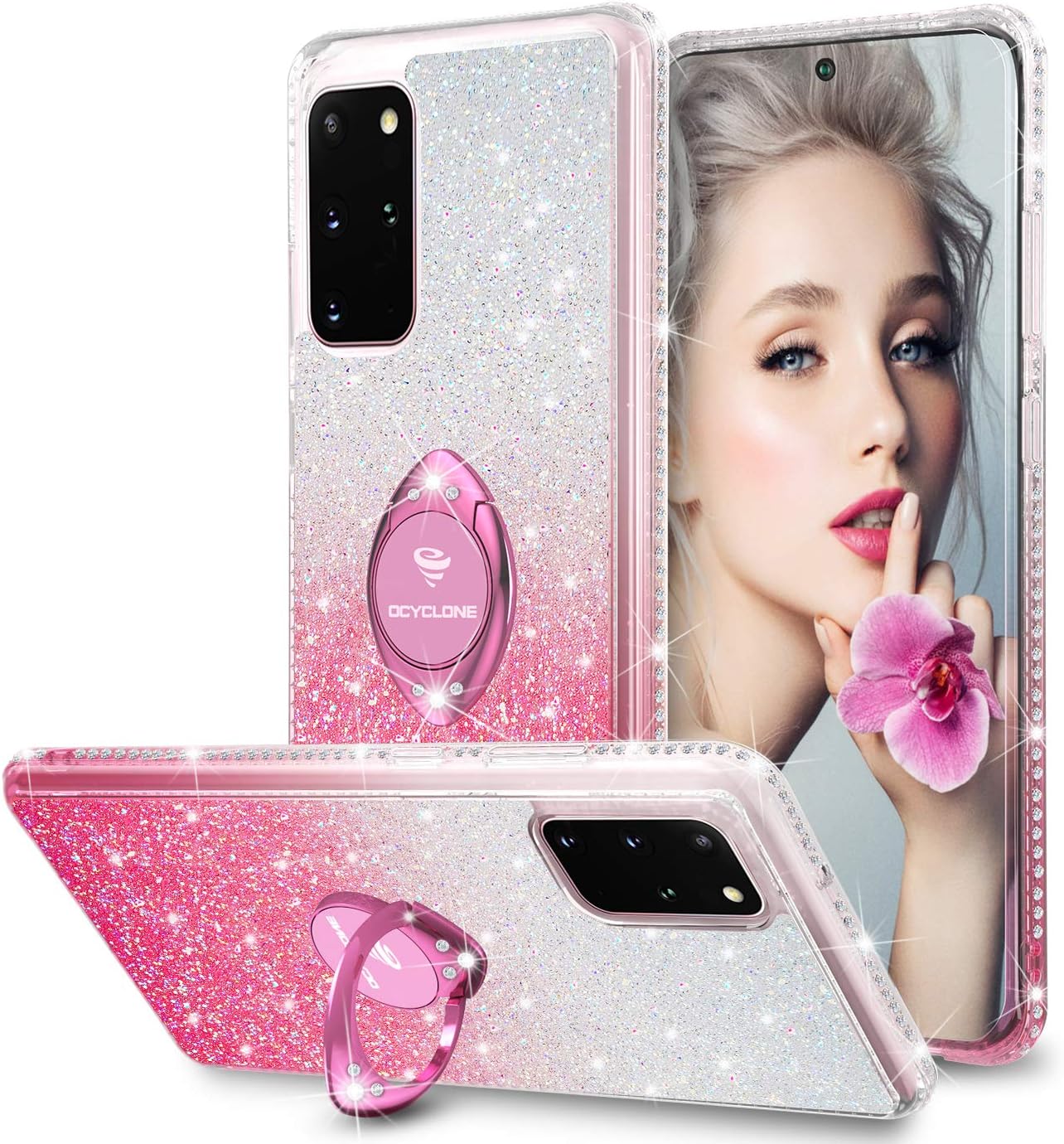 OCYCLONE Glitter Case for Samsung Galaxy S20 Plus, Cute Bling Diamond Rhinestone with Ring Kickstand Protective Girly Phone Case for Women Girl Galaxy S20+ Plus 5G [6.7 inch] 2020 Case, Gradient Pink