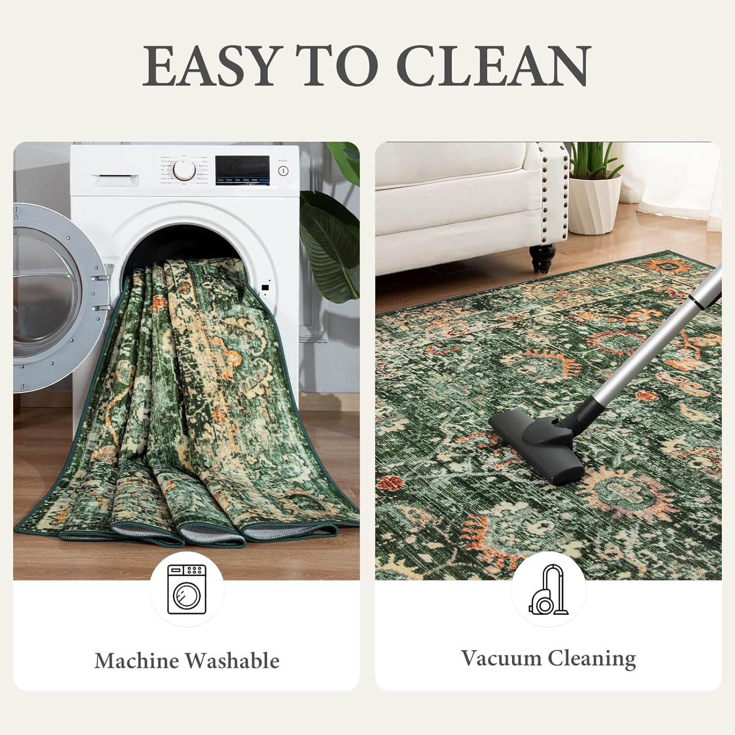 Andecor Green Washable Area Rug, 5x7 Vintage Rugs for Living Room, Bedroom, Kids Room, Nursery, Dining Room, Non-Slip Low Pile Foldable Indoor Carpets