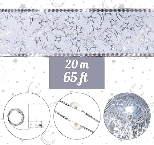 Miniatura 3 de ilauke Guirnalda de luces de Navidad de 65.5 pies, cinta de luces de Navidad plateadas, lazos de cinta de luces para decoración de árbol de Navidad,