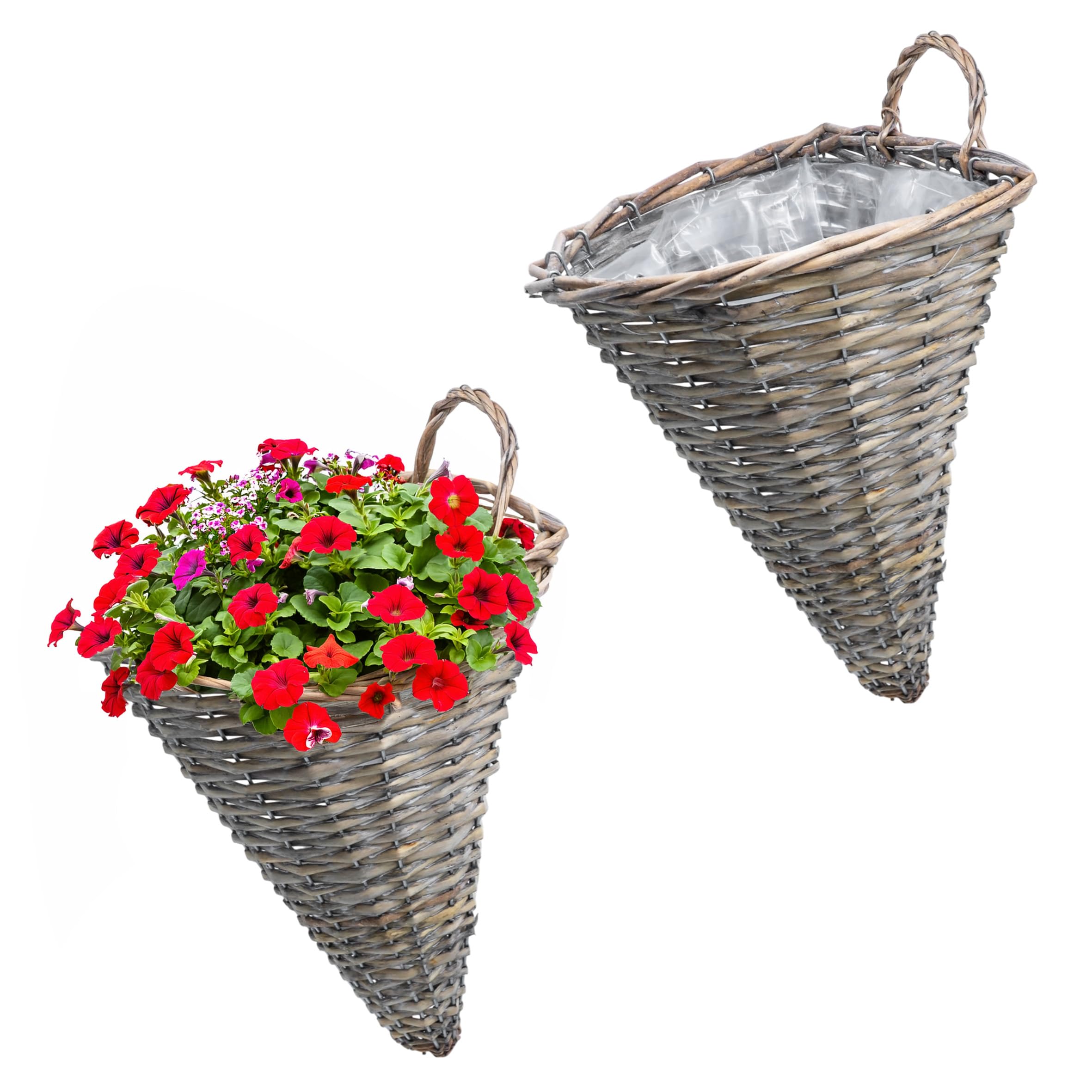 Rattan ścienny wiszący kosz na kwiaty, stożkowy, 32 x 25 cm, naturalny, z folią – zestaw 2 sztuk – pleciony kosz na rośliny do zawieszenia, półokrągły, do wnętrz i na zewnątrz – kosz na kwiaty