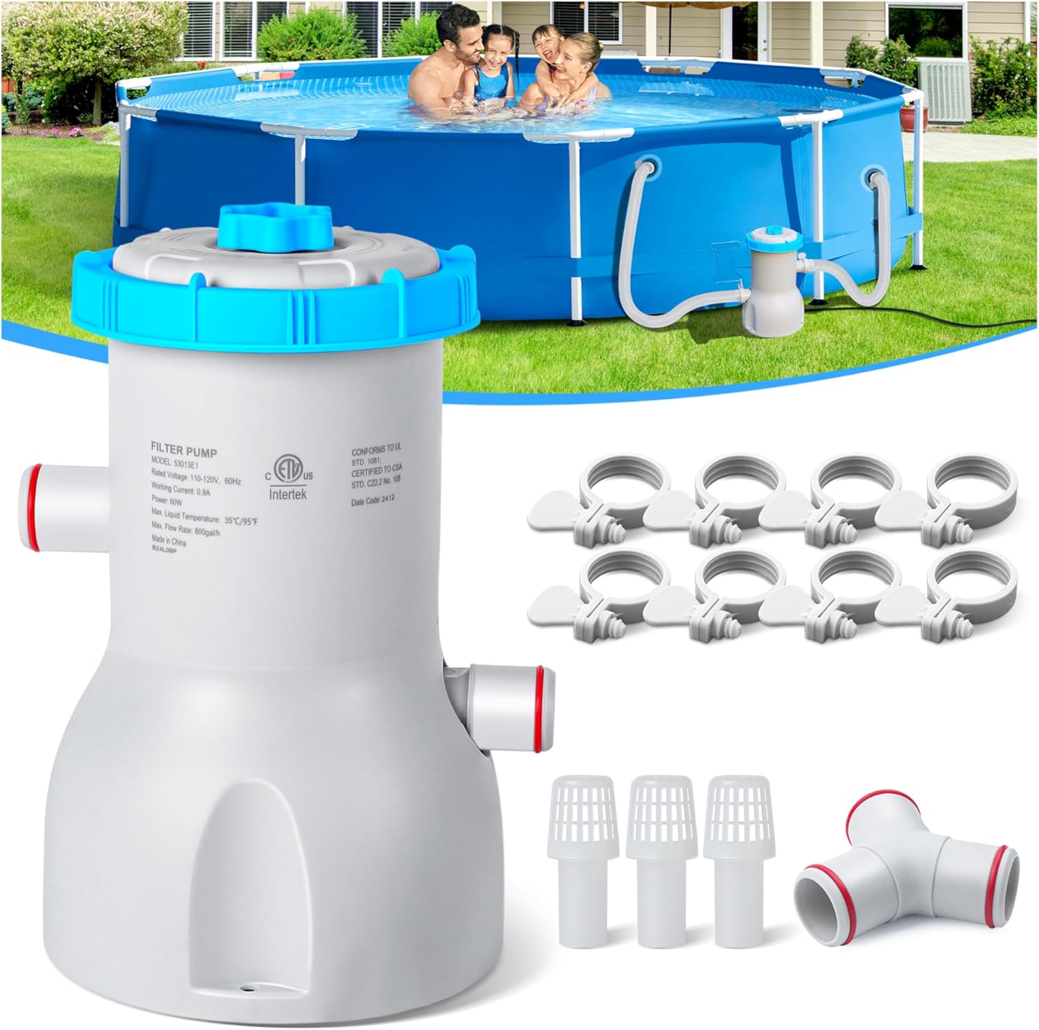 800 GPH Above Ground Pool Pump, Energy-Saving Cartridge Pool Filter Pump | Dual Action: ​Accelerate Water Flow & ​Capture Debris Quickly – Improve Water Clarity | Easy to Set Up – Blue