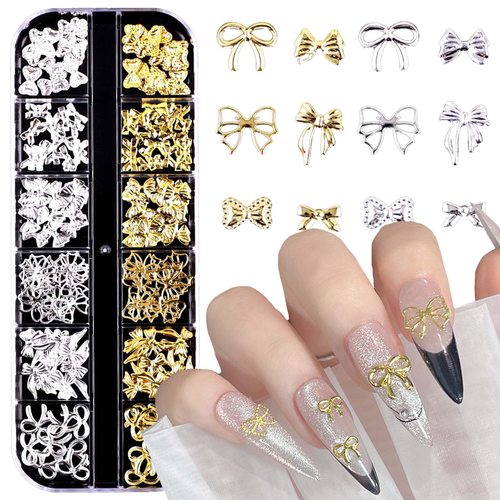 Mixed Gold Bow Nail Art Charms 3D Silver Rhinestones Design Nail Supplies Jewelry Decoration for Women DIY Accessories