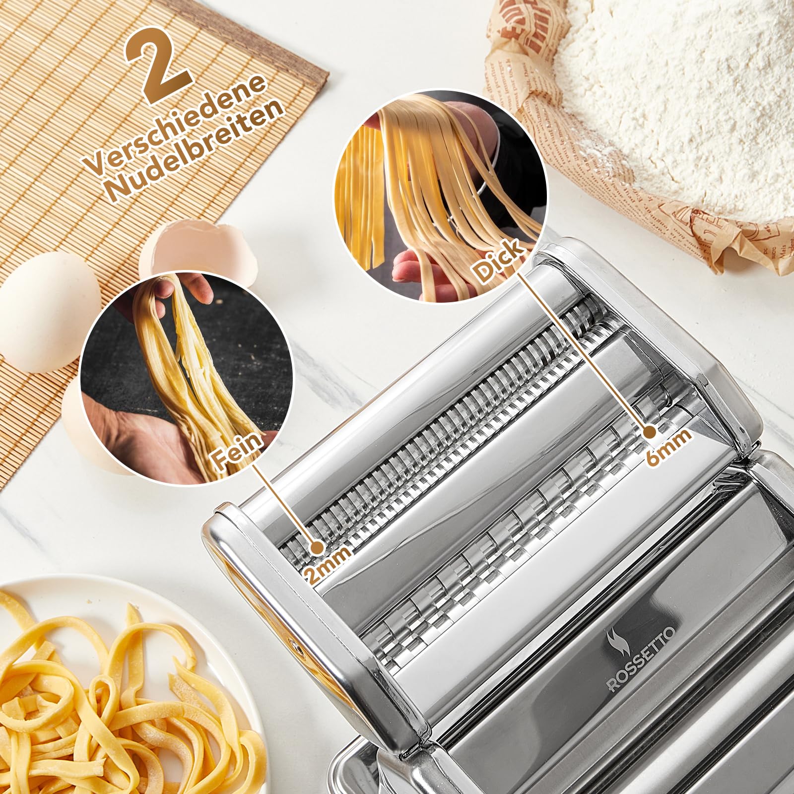 ROSSETTO Manuelle Nudelmaschine mit Trockner, Edelstahl Pastamaschine mit 9 Teigstärken, 2 Schnittbreiten,Für Lasagne, Spaghetti, Fettuccini, Ravioli-Ausstechern