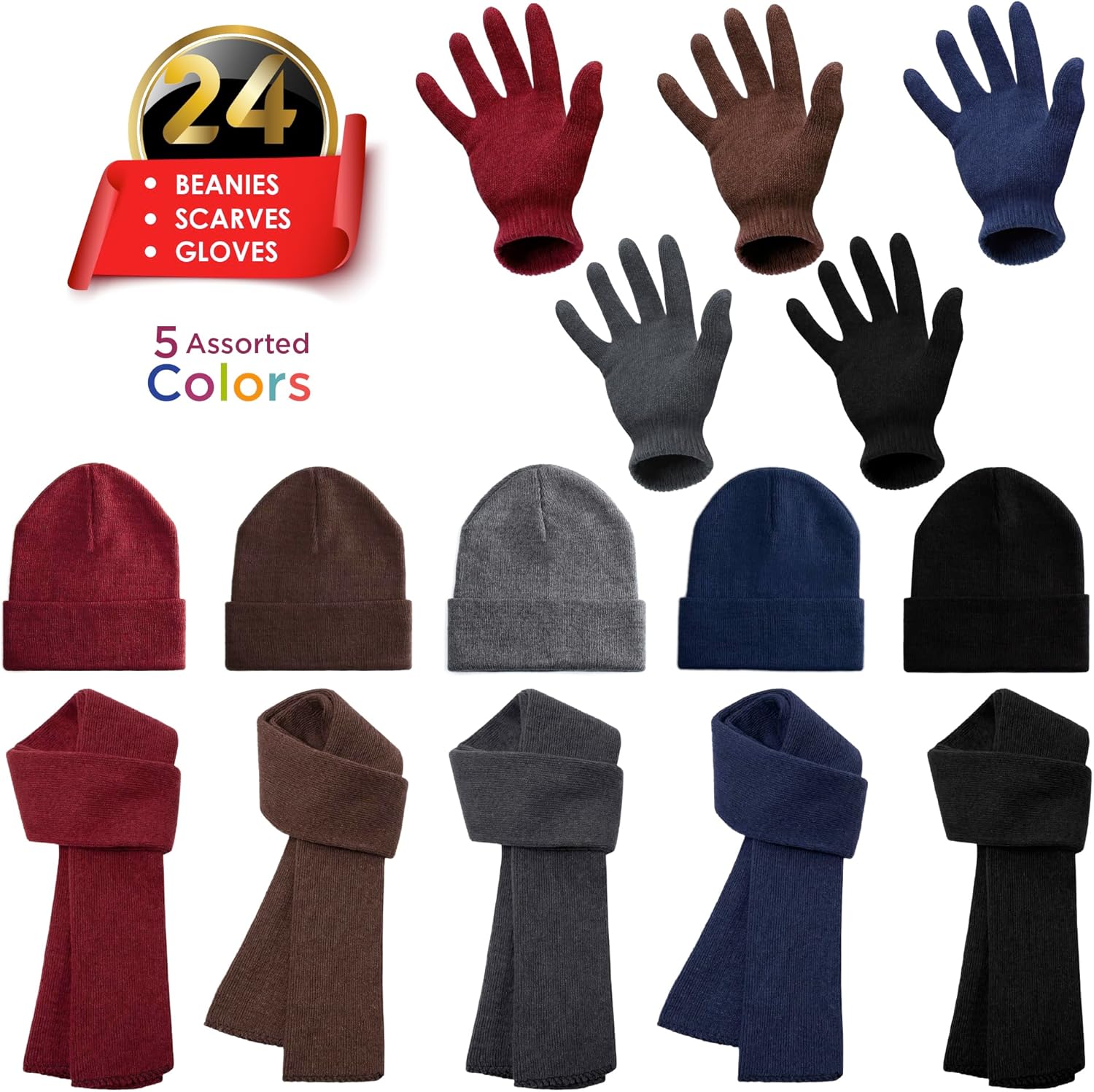 Moda West 72-Pack Gloves, Scarves, and Beanies - Bulk 24 Glove Pairs, 24 Scarves, 24 Beanies - Bulk Supplies for Cold Weather, Emergencies, Homeless, Charity - Image 2