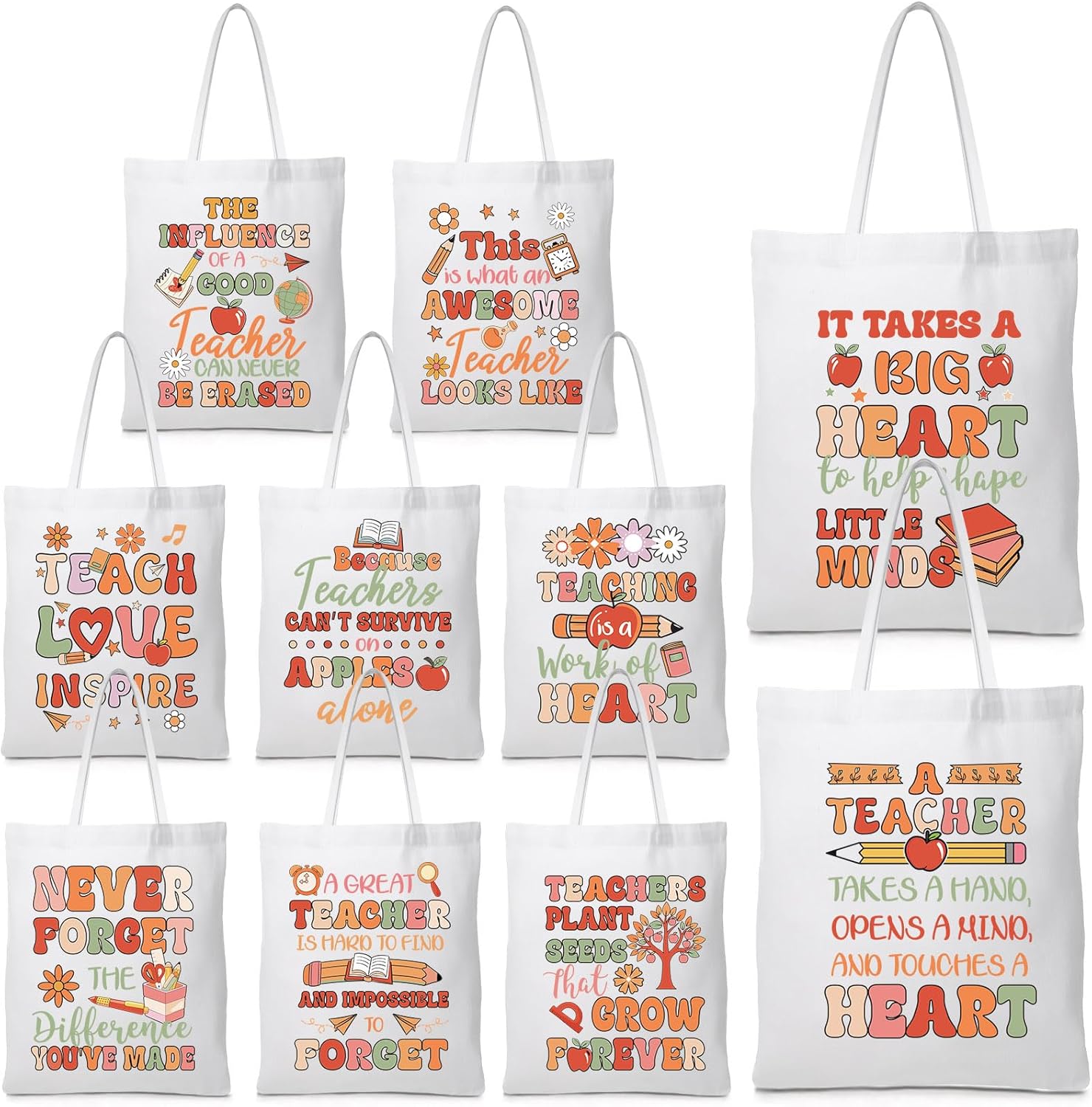 Chunful 10 Pack Teacher Tote Bags Bulk Teacher Appreciation Gifts Bulk Inspirational for Women Christmas Gift Rainbow Bags