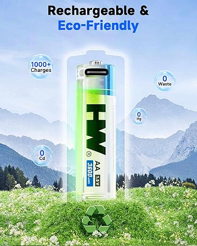 Miniatura 6 de HW Baterías AA recargables por USB, paquete de 4 baterías AA de litio de 3600 mWh, alta capacidad de larga duración, salida constante de 1.5 V,