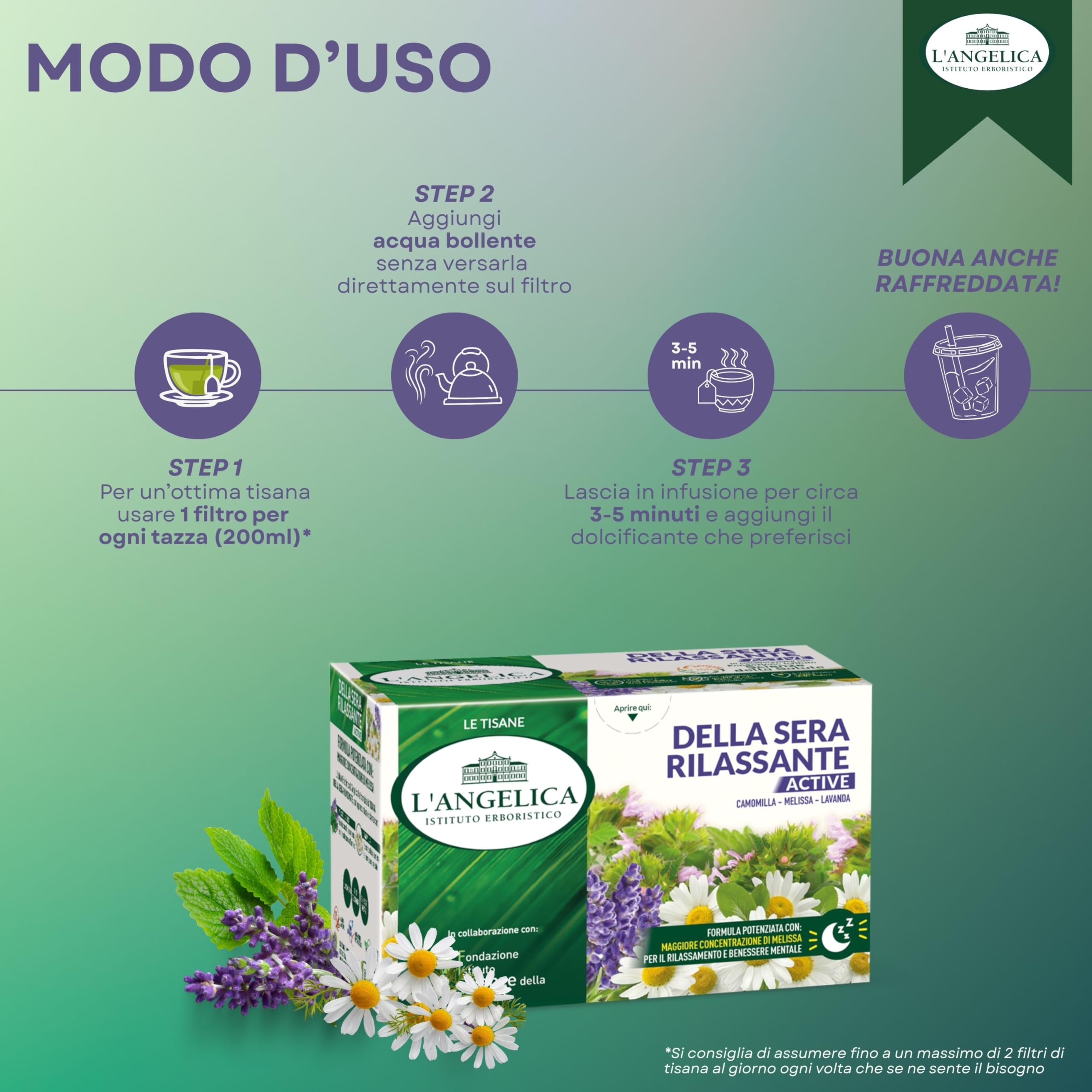 L'Angelica, 10 Astucci da 18 filtri di Tisane Della Sera Rilassante Active, Infuso Funzionale per la Distensione con Camomilla Melissa e Lavanda, per Favorire il Sonno