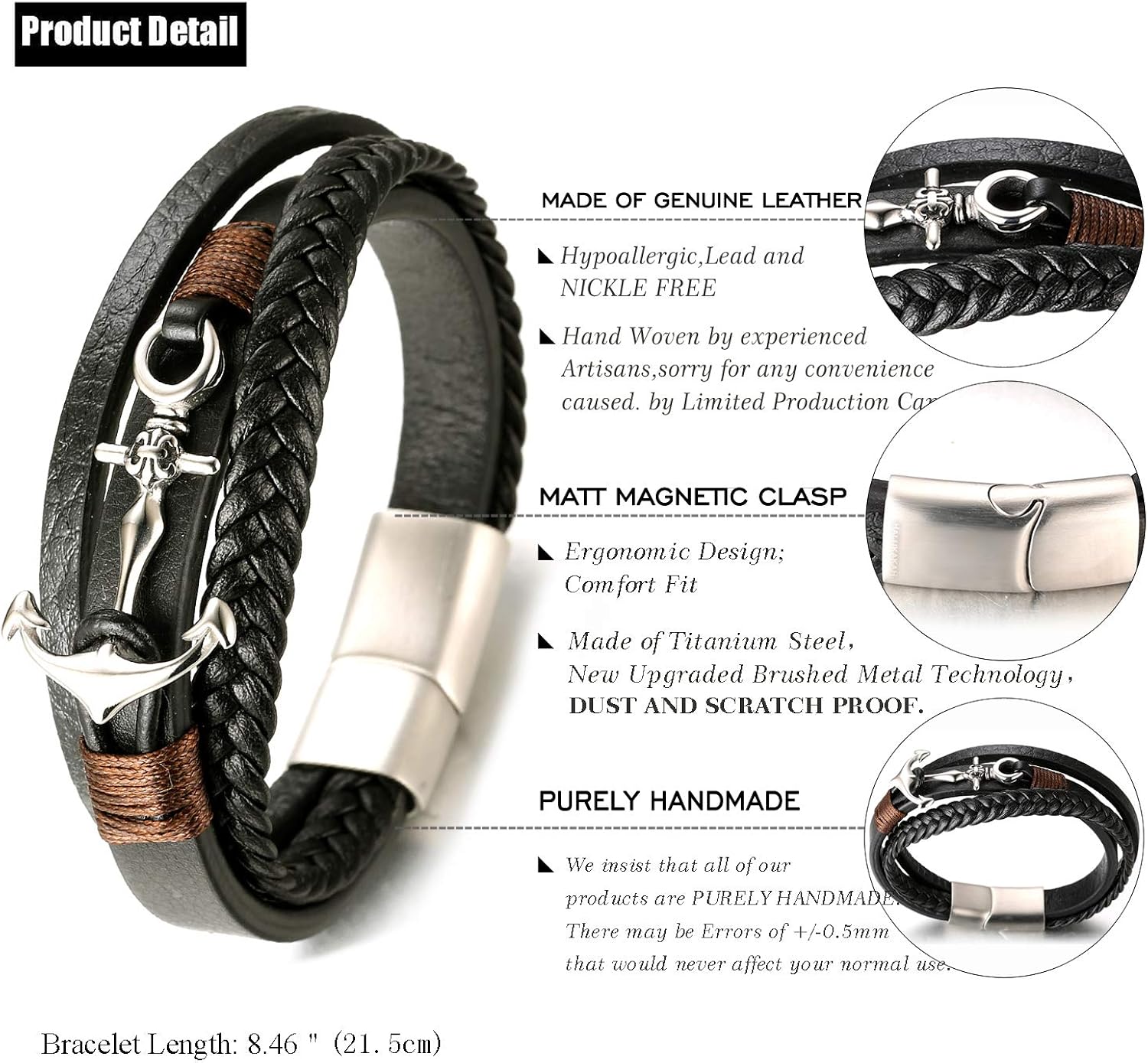 HALUKAKAH ● SAIL ● Men's Genuine Leather Handmade Braid Anchor Bracelet Titanium Matt Silver Magnetic Clasp 8.5"/21.5cm with Free Giftbox - Image 3