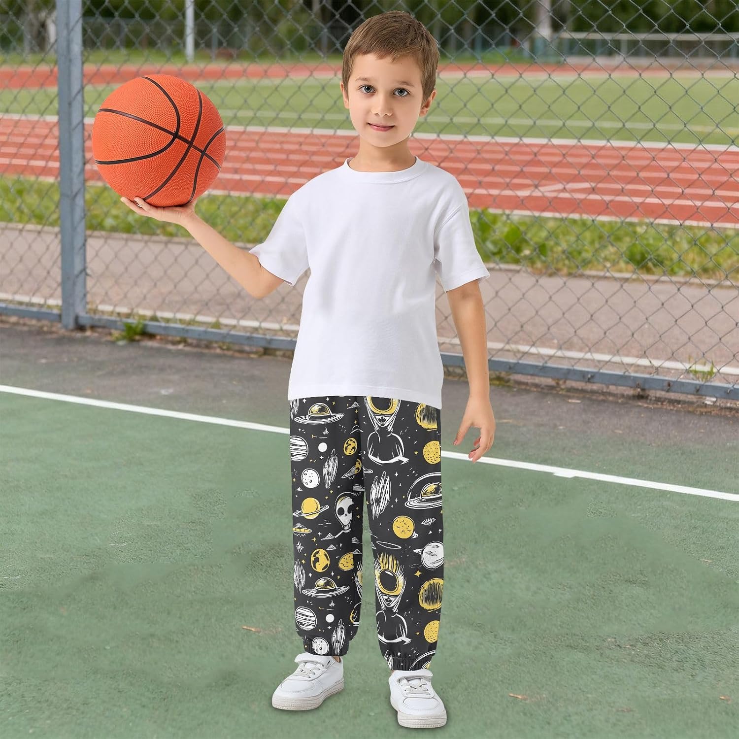 Boy Sweatpants Alien and UFO Cartoon Stars Joggers Casual Athletic Pants Kids Elastic Waist Cuffed with Pockets