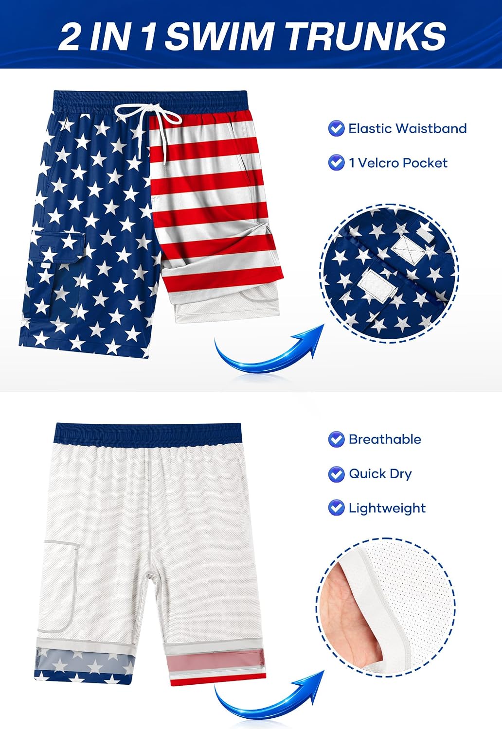 Arvilhill Mens American Flag Swim Trunks Patriotic Elastic Waist Compression Liner 9 Inch Beach Shorts (S-3XL)