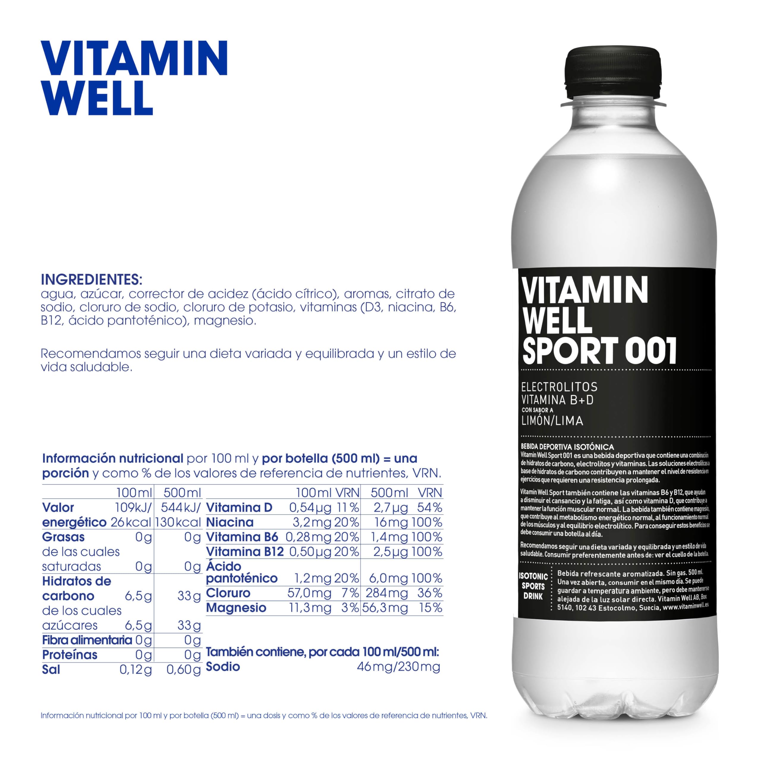 Vitamin Well - Enriquecido con Vitaminas D y B, Magnesio, Zinc, Sabor Limón-Lima Reload & Sport 001 (12 x 500ml)