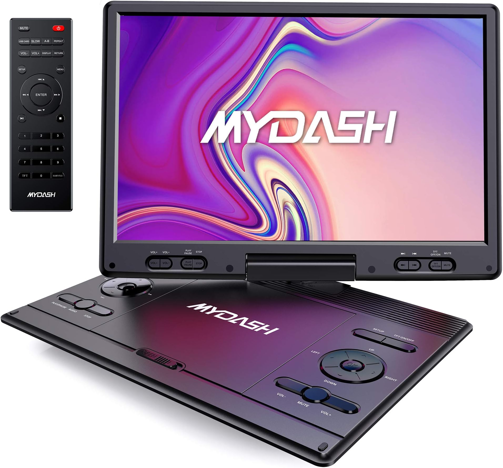 MYDASH14.1"Portable DVD Player for Car,kids with 12.5"Large HD Swivel Screen,Exclusive Button Design,Car Headrest Mount Provided,SD Card Slot and USB Port,Sync TV Projector Function,Region Free,Black