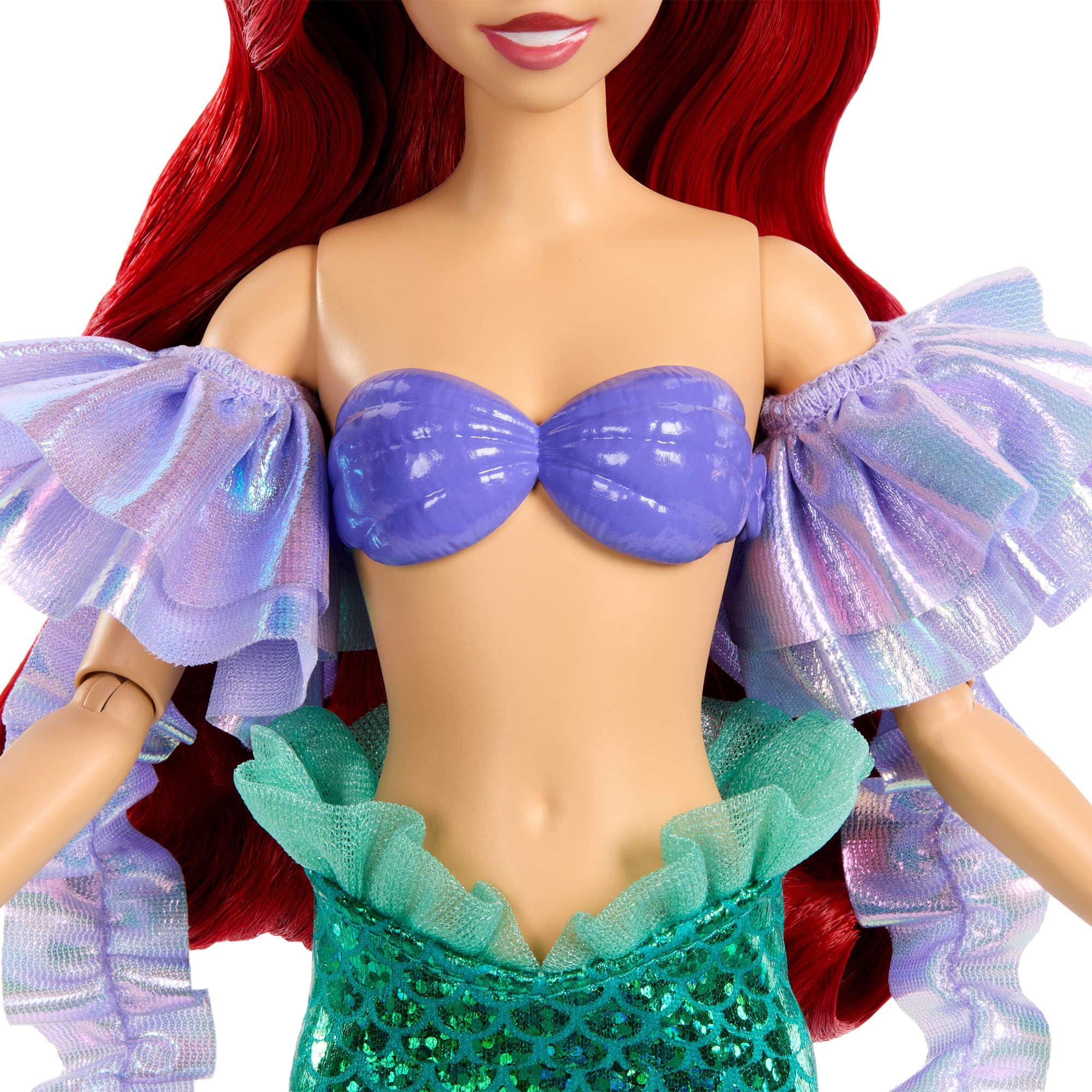 Mattel Disney Princesas Sparkling Princess Ariel Muñeca y Accesorio con Cola extraíble, Mangas y Pasador para el Pelo con Flor, Inspirada en la película, JLK25