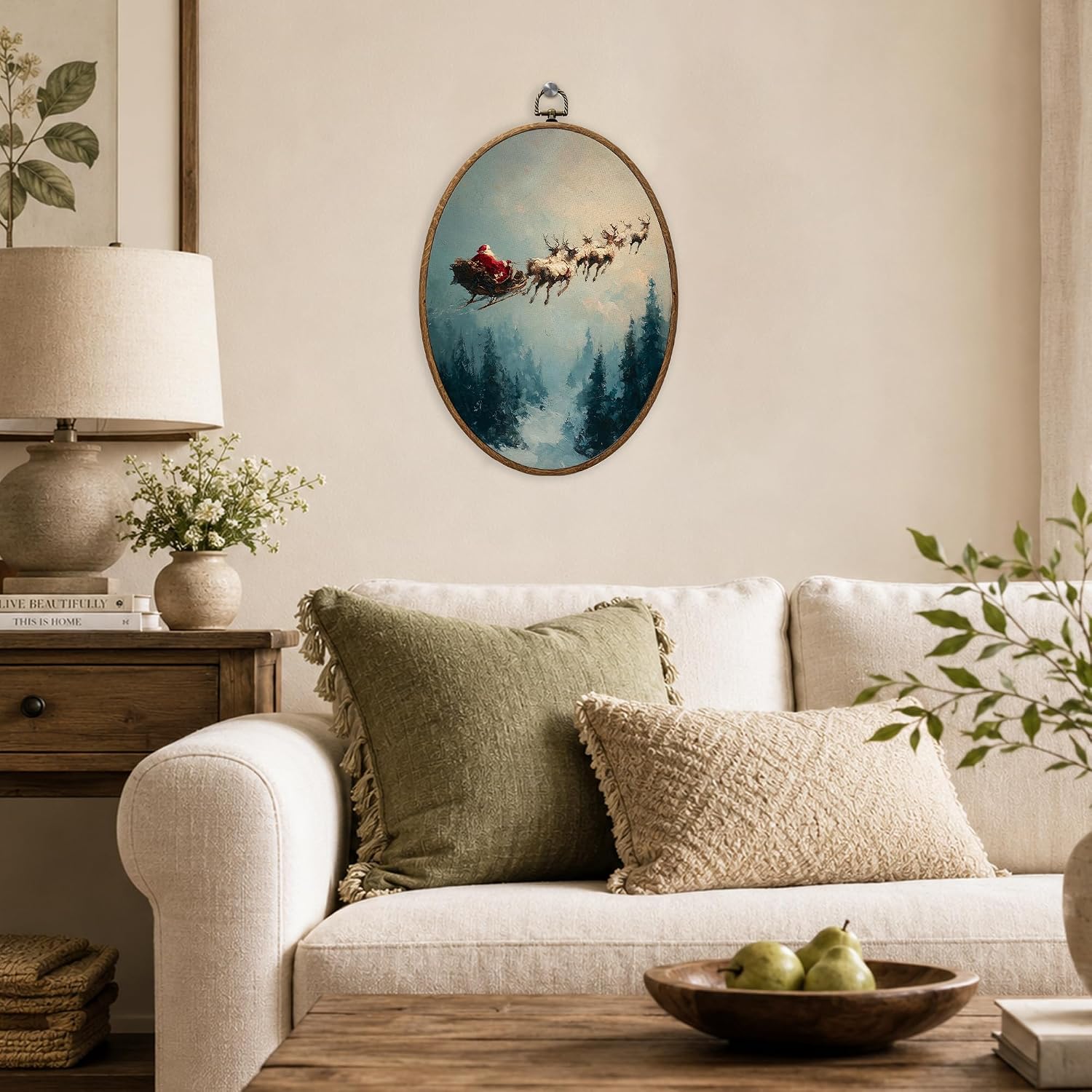 KYTWSFWS Flying Santa Sleigh and Reindeer Oval Wall Art Decor, 8.6x11.4 image 5