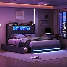 LIVLUX Bed 140 x 200 cm with LED and USB Base, Padded Double Bed with Slatted Base and 4 Drawers, Headboard with Storage, 2 People for Adults and Teenagers, Linen (Grey, 140 x 200 cm)