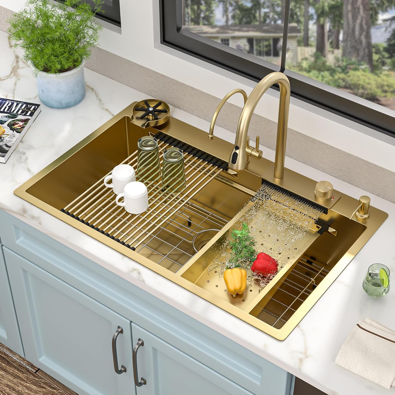 36"x22" Drop In Waterfall Kitchen Sink Workstation - Brushed Gold NANO-PVD, 16 Gauge 304 Stainless Steel, Single Bowl Luxury Smart Waterfall Sink with Faucet Combo & Glass Rinser